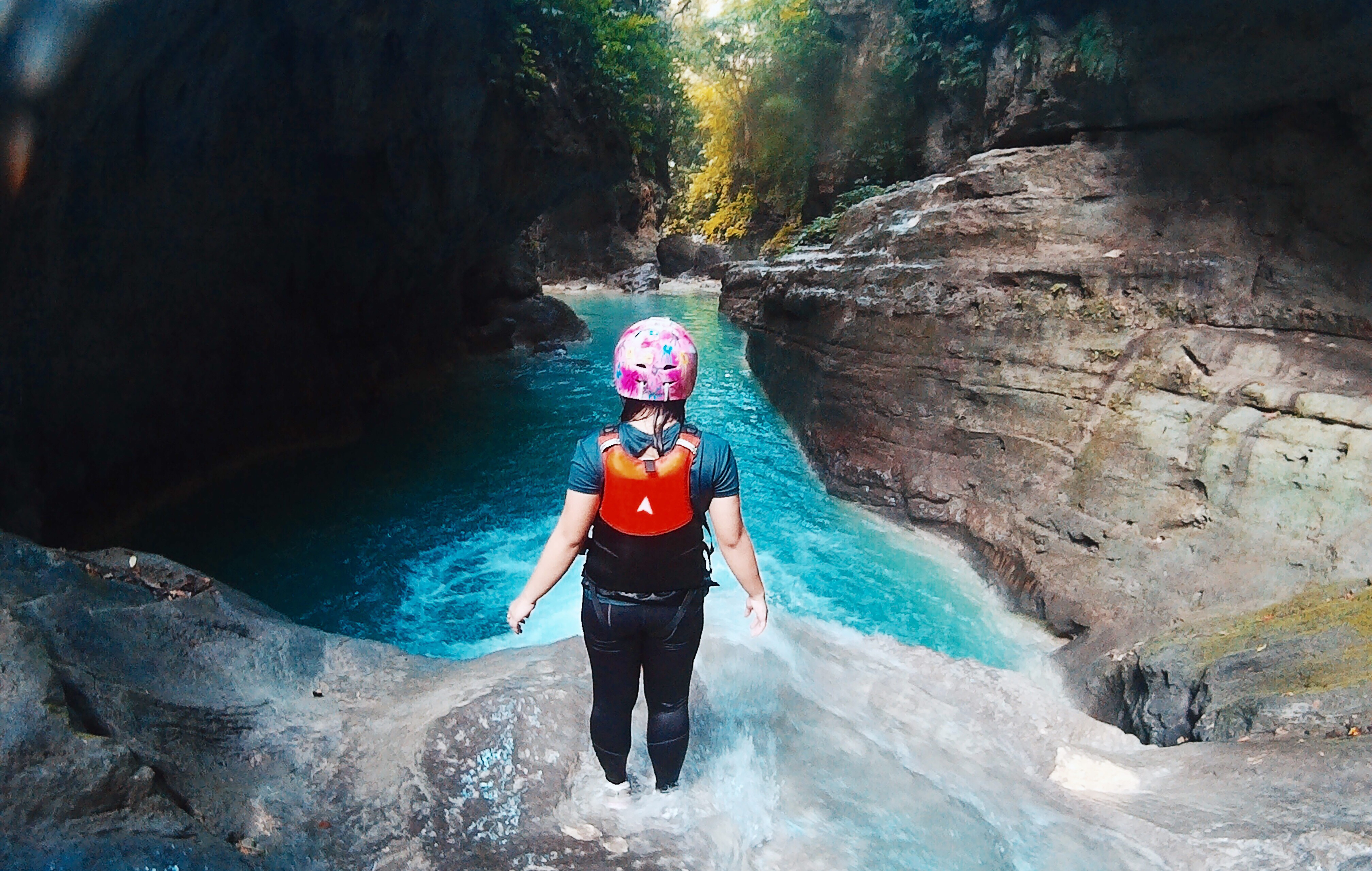 front view, alone, beauty in nature, real people, rock, water, 8K, extreme, rock formation, one person, jump, helmet, blue, lifestyles, solid, nature, HD Wallpaper