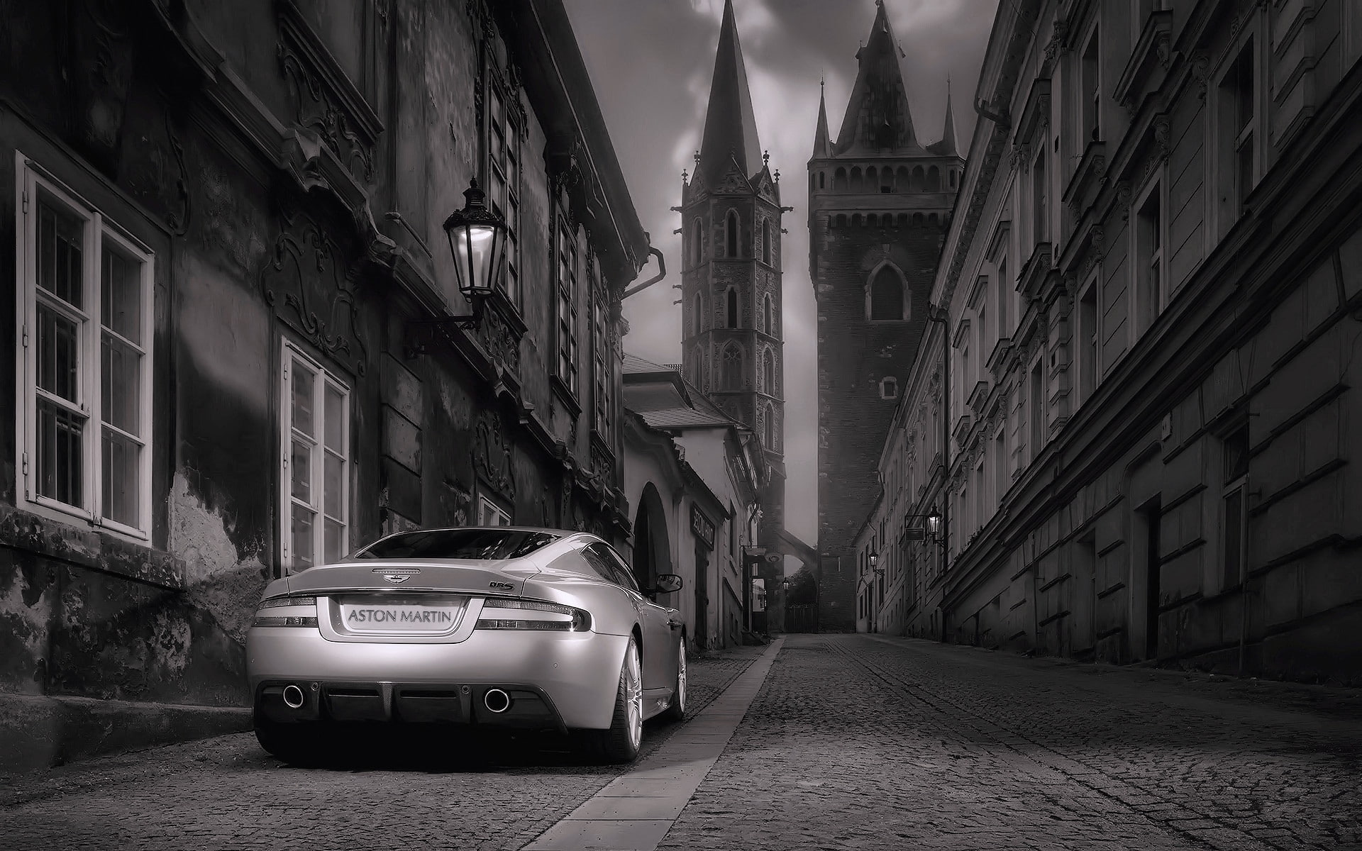 1080P, buildings, grayscale, martin, backview, cars, vehicles, art, hd, monochrome, cityscapes, mar, aston, architecture, HD Wallpaper