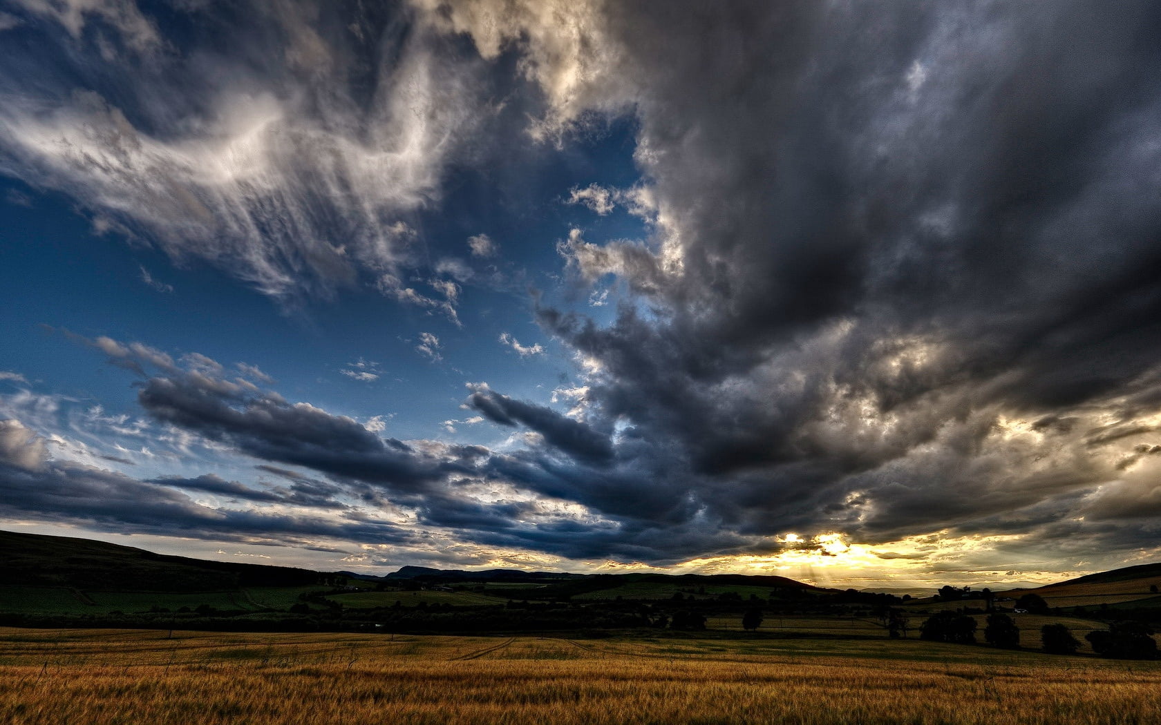 scenics - nature, sun, decline, beauty In Nature, landscape, cloudscape, green Color, 720P, rural Scene, field, meadow, grass, rye, valley, tree, sky, HD Wallpaper