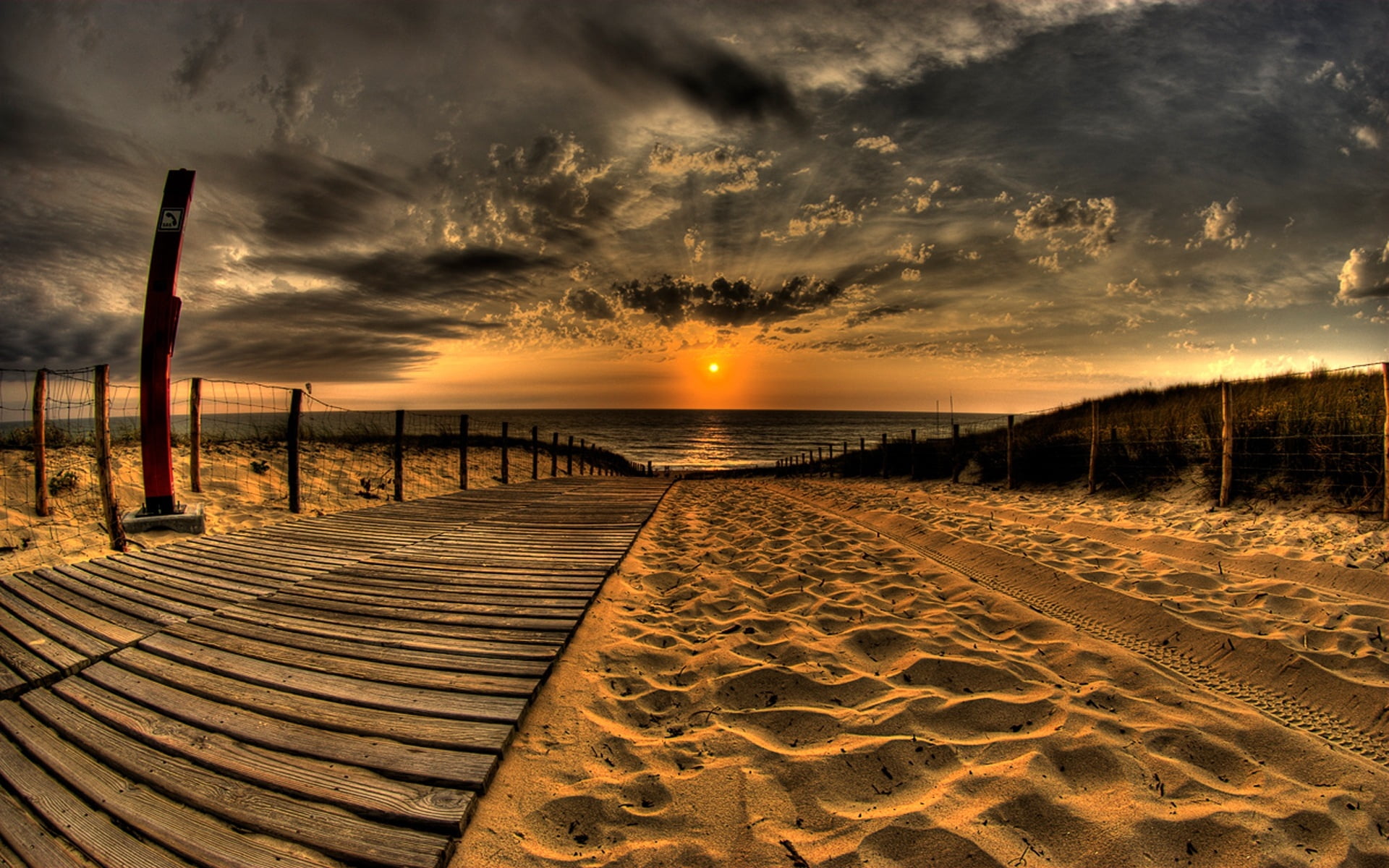cloud - Sky, fence, sunrise - Dawn, decline, sand, boardwalk, 1080P, road, scenics - nature, sunlight, orange color, dusk, evening, no People, landscape, HD Wallpaper
