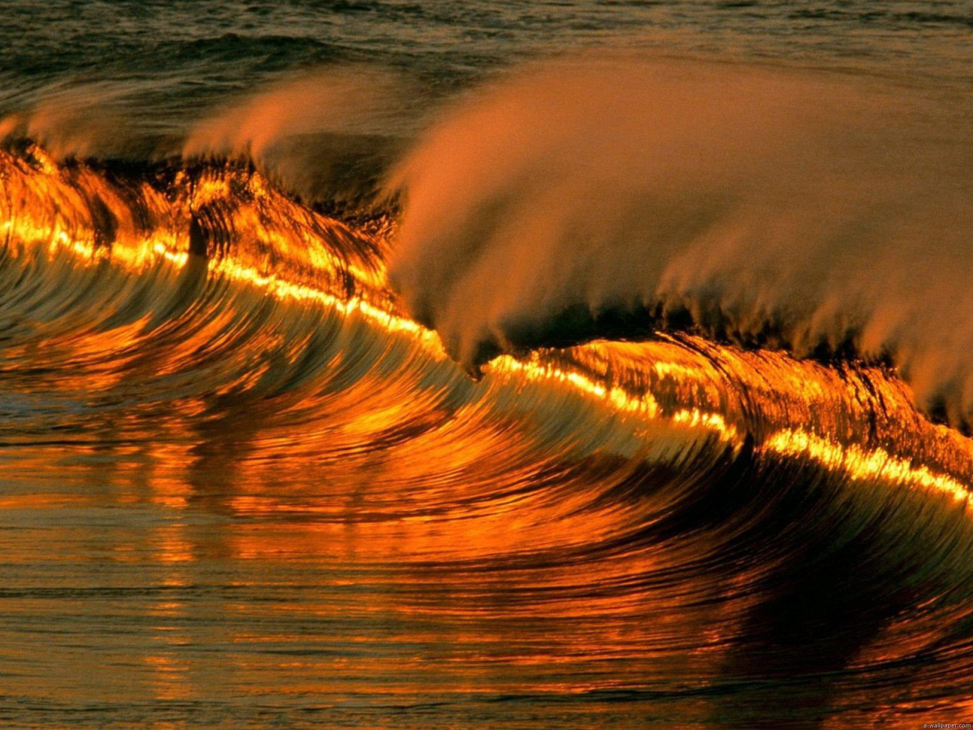 nature, gold, 3d and abstract, oceans, decline, waves, sunset, 1080P, HD Wallpaper