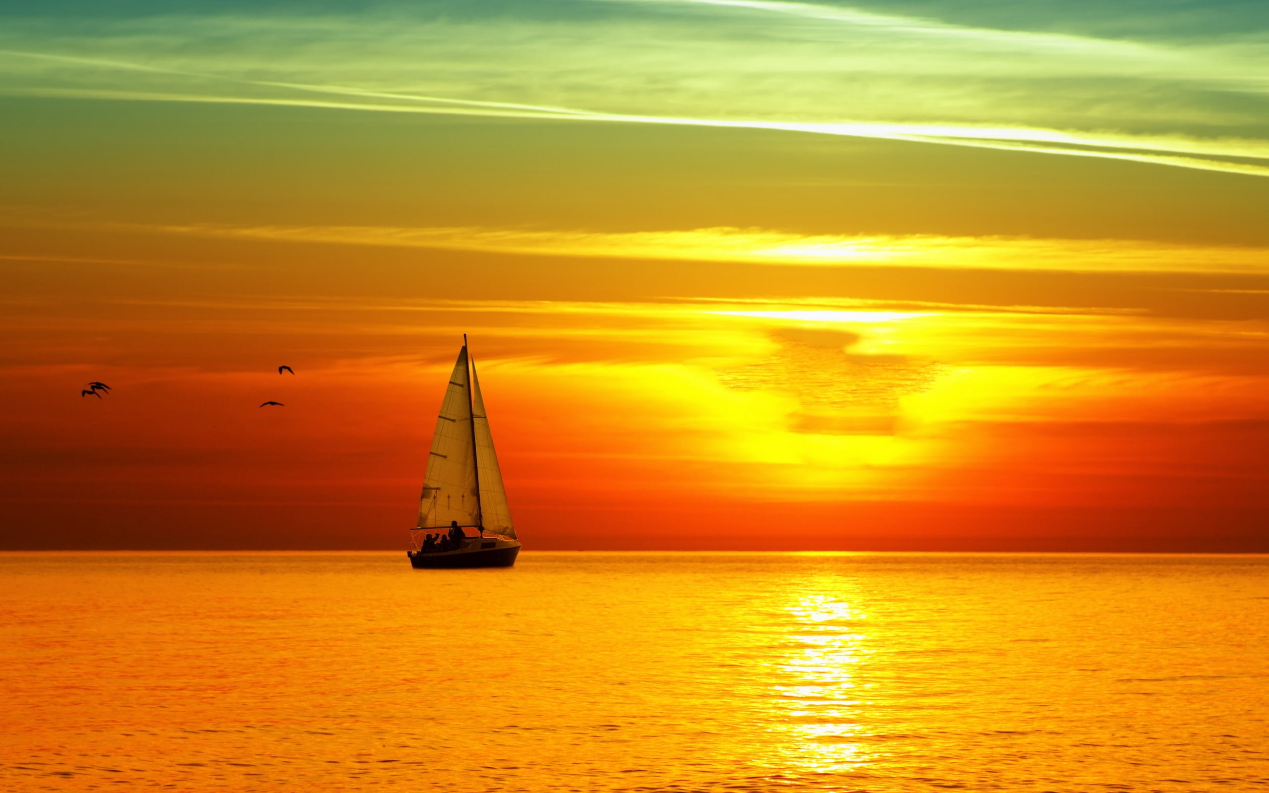sky, 2K, sea, horizon, sailing vessel, decline, lunar path, sun, birds, orange, HD Wallpaper