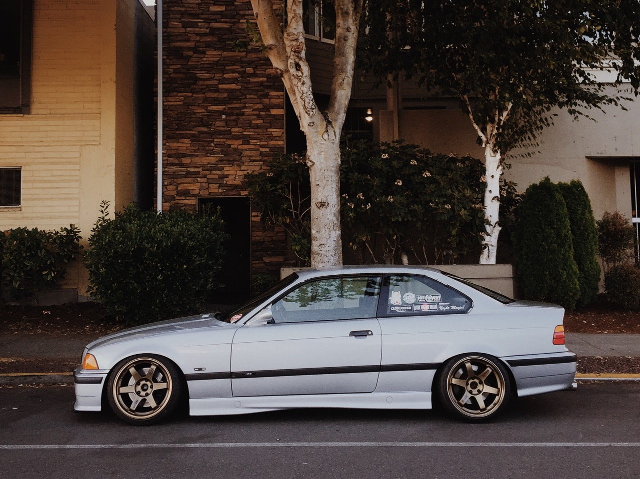 720P, car bmw e36 stance lowered tuning trees bushes house bmw volk racing german cars, HD Wallpaper