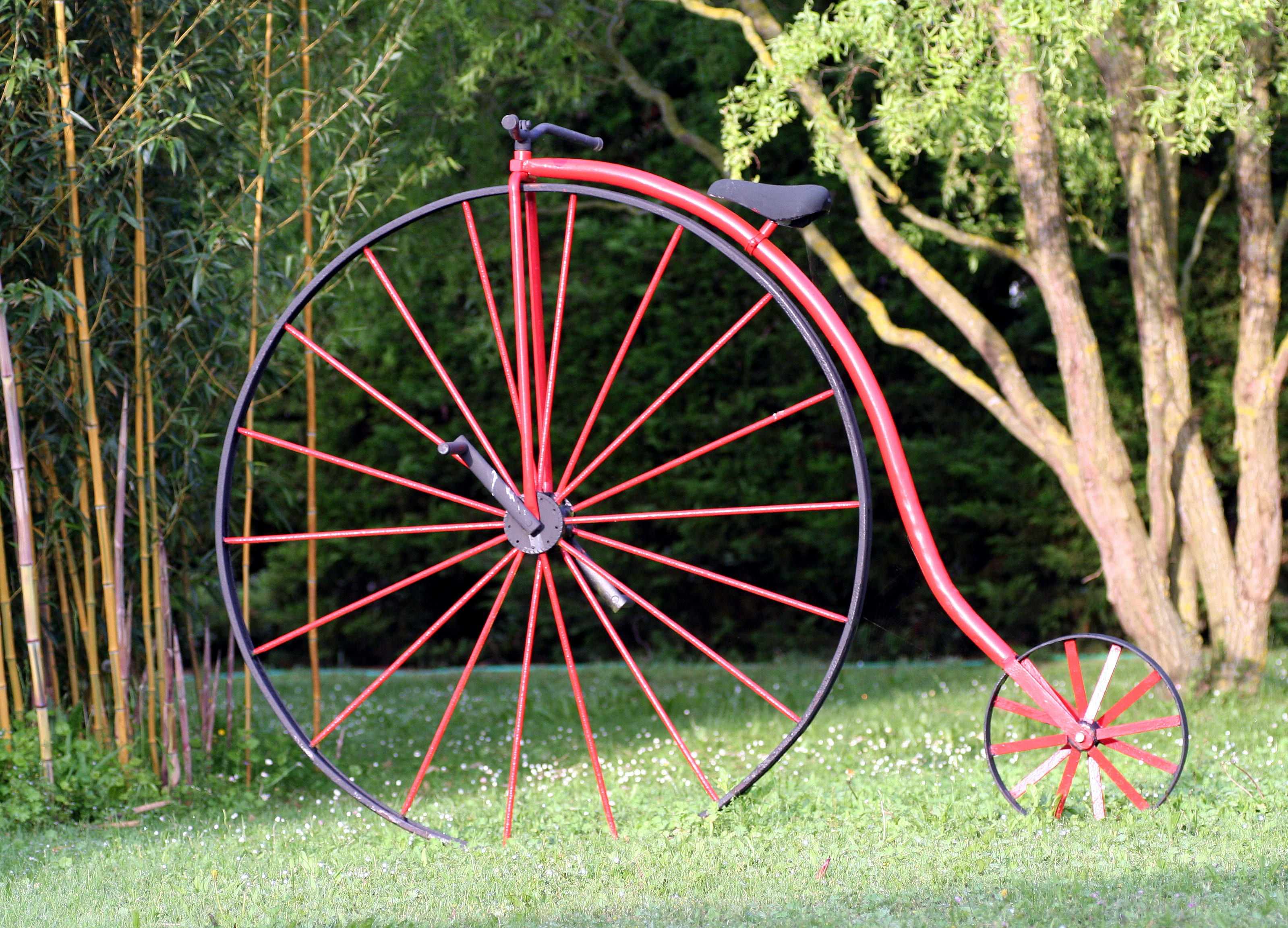 field, day, transportation, rays, former, green color, growth, cart, wheels, land, mode of transportation, draisienne, no people, outdoors, red, penny-farthing, HD Wallpaper