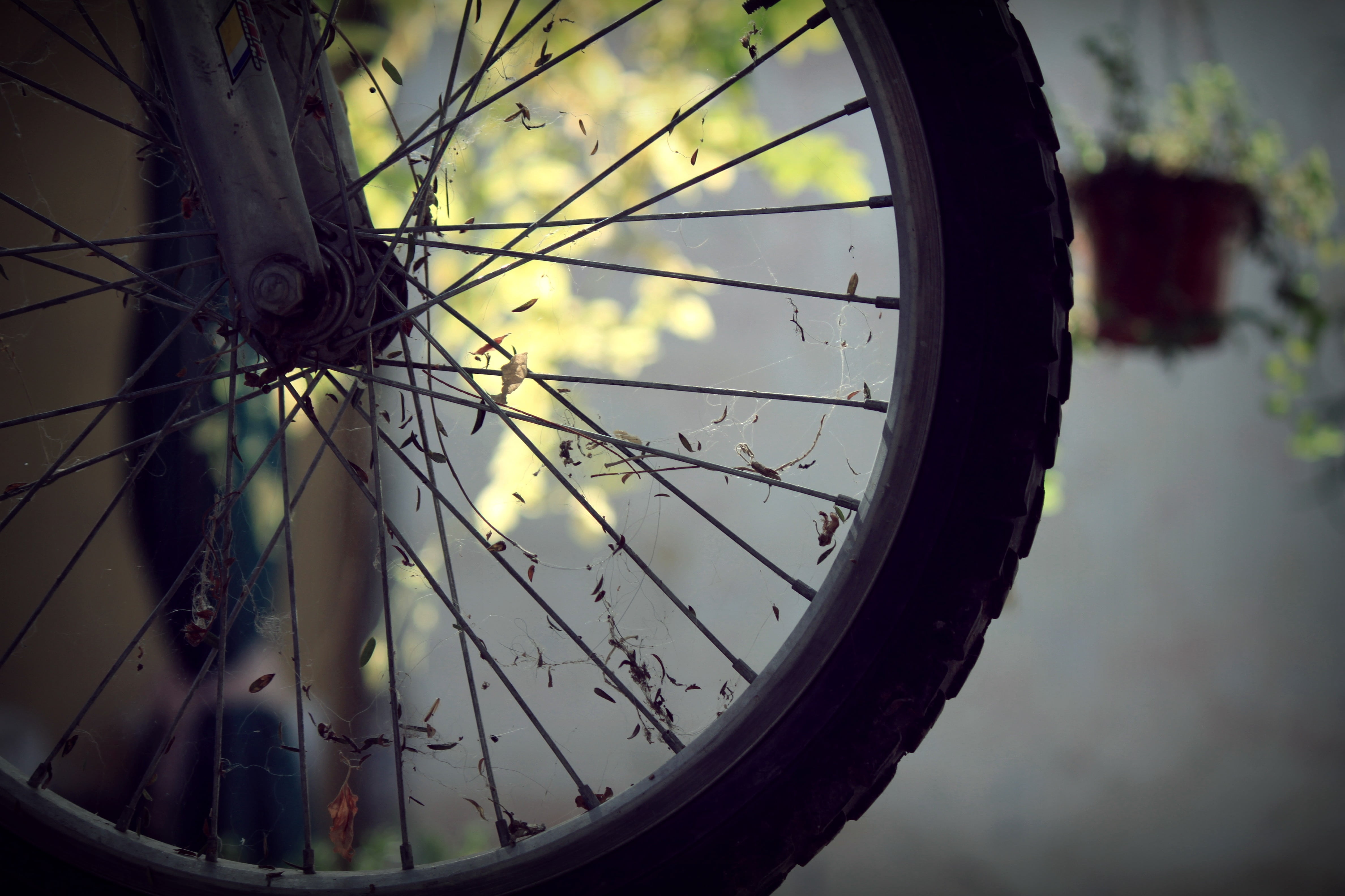 focus on foreground, wheel, nature, vehicle part, bicycle, land vehicle, mode of transportation, no people, road, outdoors, bike, stationary, 4K, close-up, HD Wallpaper