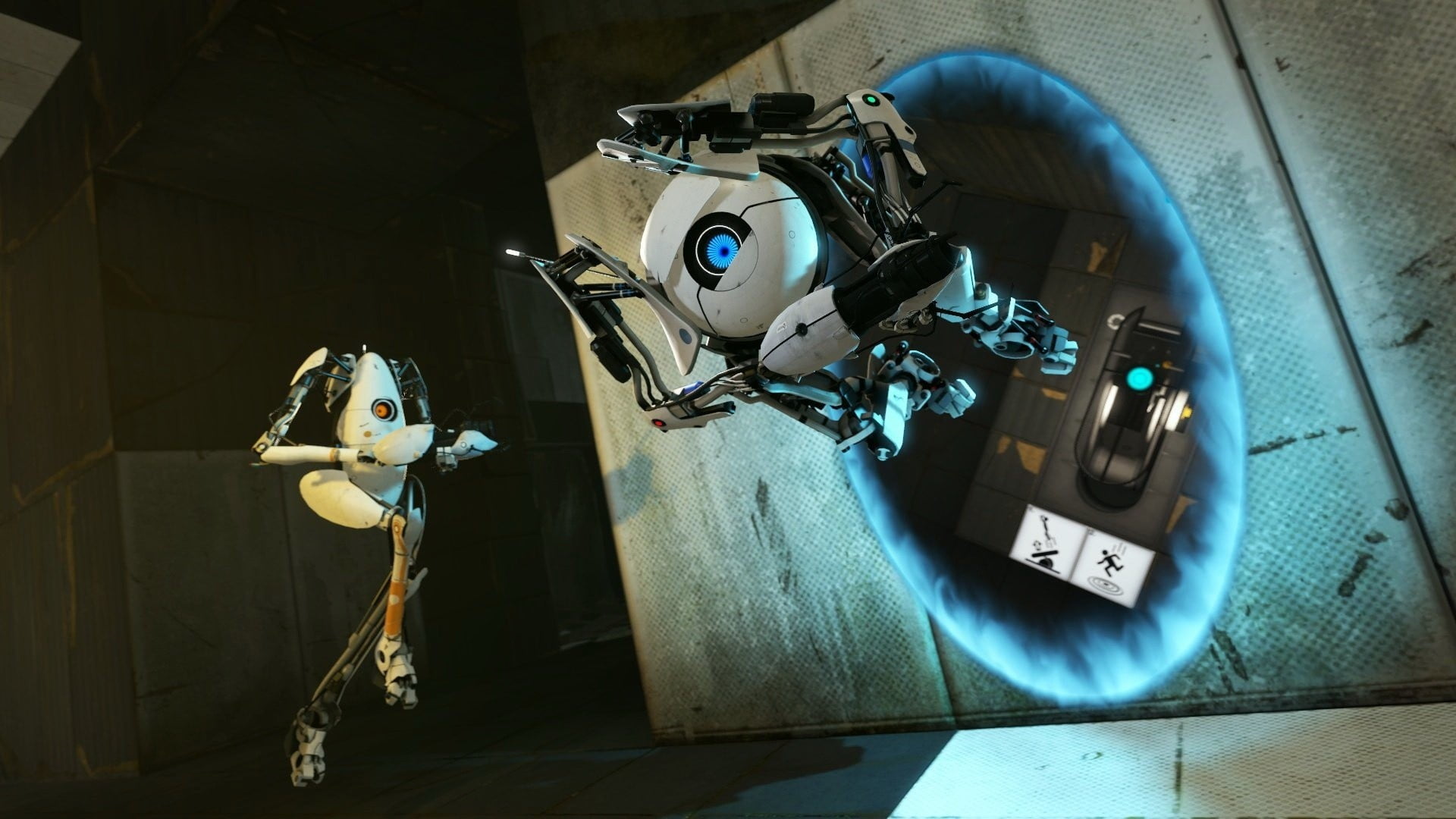 high angle view, Portal 2, 1080P, video games, reflection, metal, blue, toy, representation, technology, car, still life, no people, indoors, black, nature, HD Wallpaper