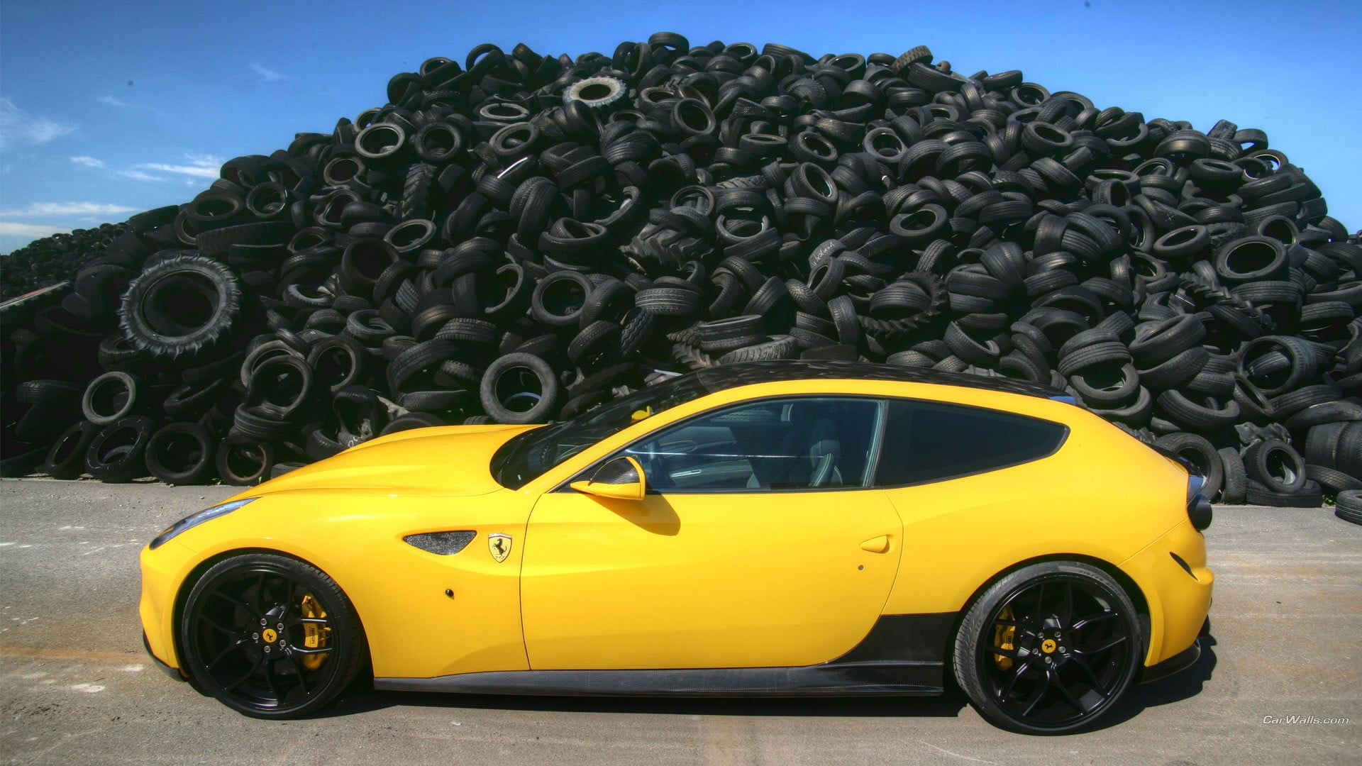 1080P, travel, Ferrari FF, land vehicle, outdoors, motor vehicle, tires, yellow cars, no people, blue, sign, architecture, yellow, sky, day, taxi, creativity, HD Wallpaper