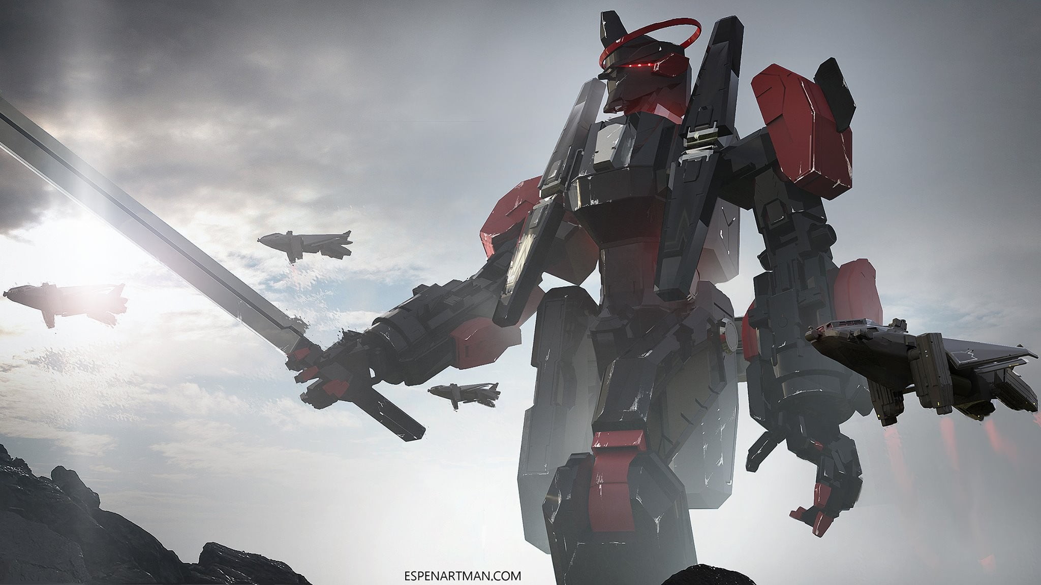 military, airplane, flying, black, low angle view, government, mid-air, nature, risk, mech, mode of transportation, cooperation, red, robot, sword, on the move, HD Wallpaper