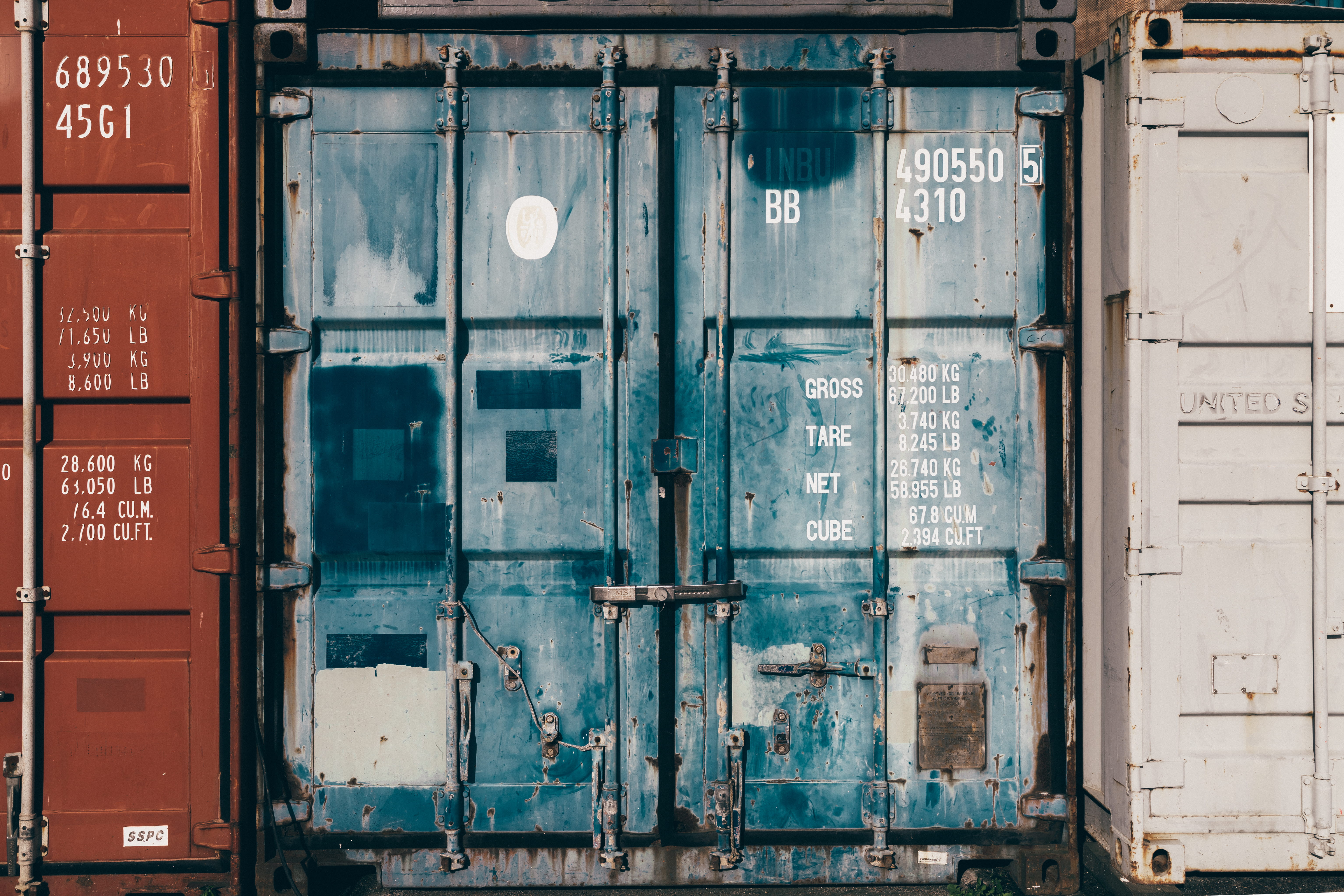 old, built structure, blue, container, no people, stack, text, building, cargo container, industry, power supply, commercial dock, intermodal, day, building exterior, HD Wallpaper