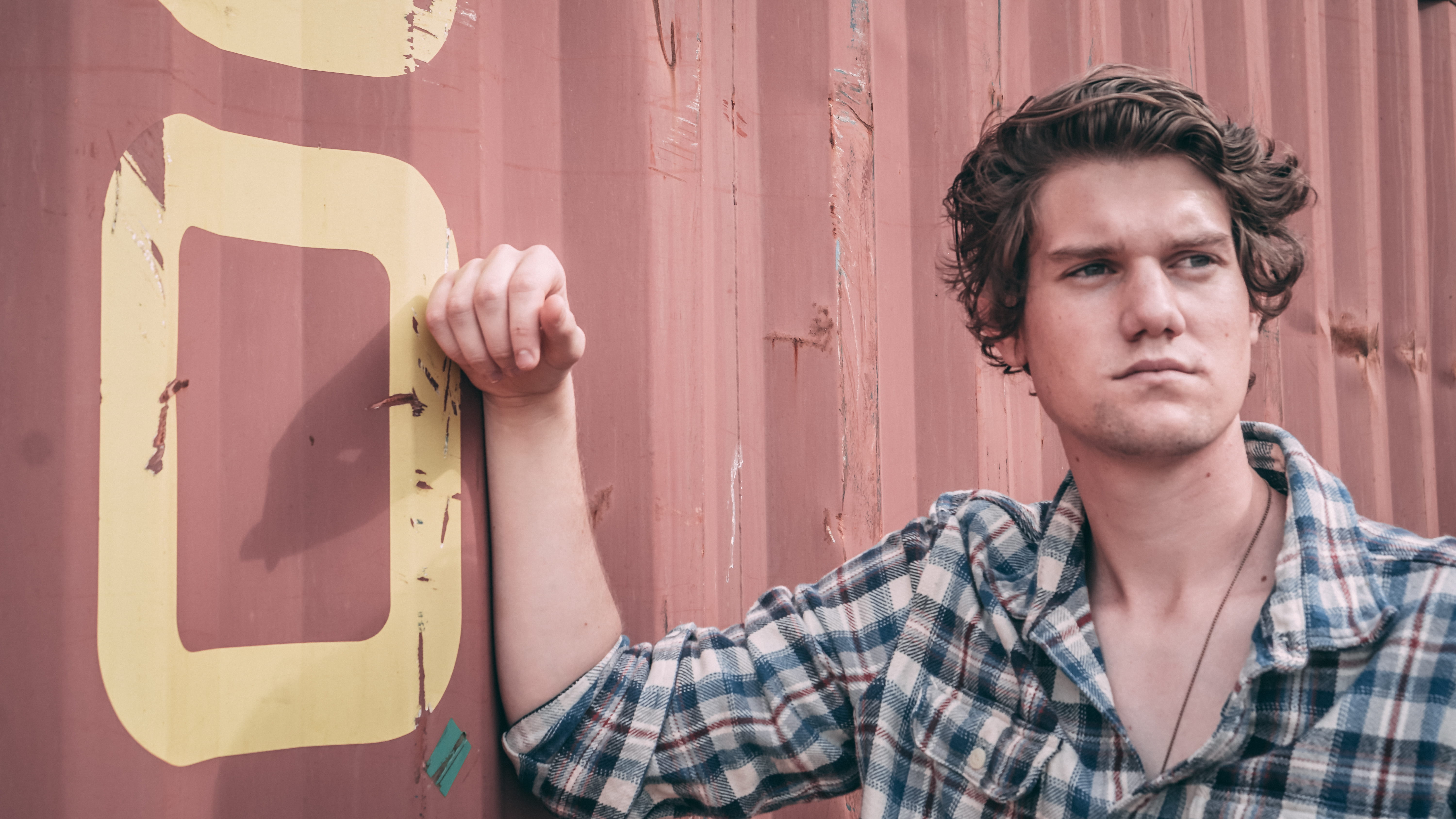 yellow, arm, contemplation, hairstyle, young men, human face, hair, person, adult, one person, container, guy, man, portrait, metal, 5K, front view, resting arm, HD Wallpaper