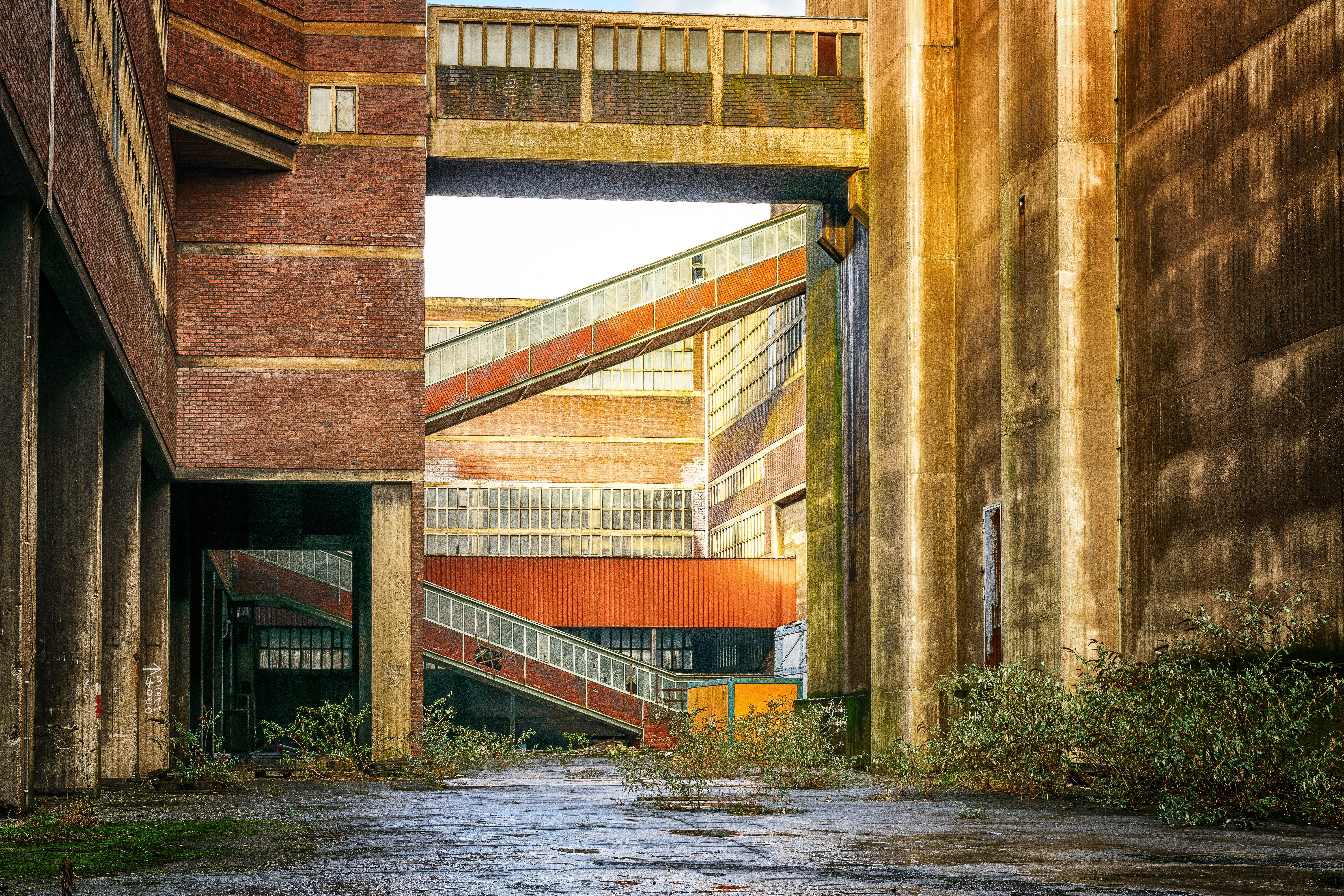 outdoors, waterfront, bridge, hall, brown and orange, old factory, nature, intermodal, bridge - man made structure, building, orange color, old, overgrown, HD Wallpaper