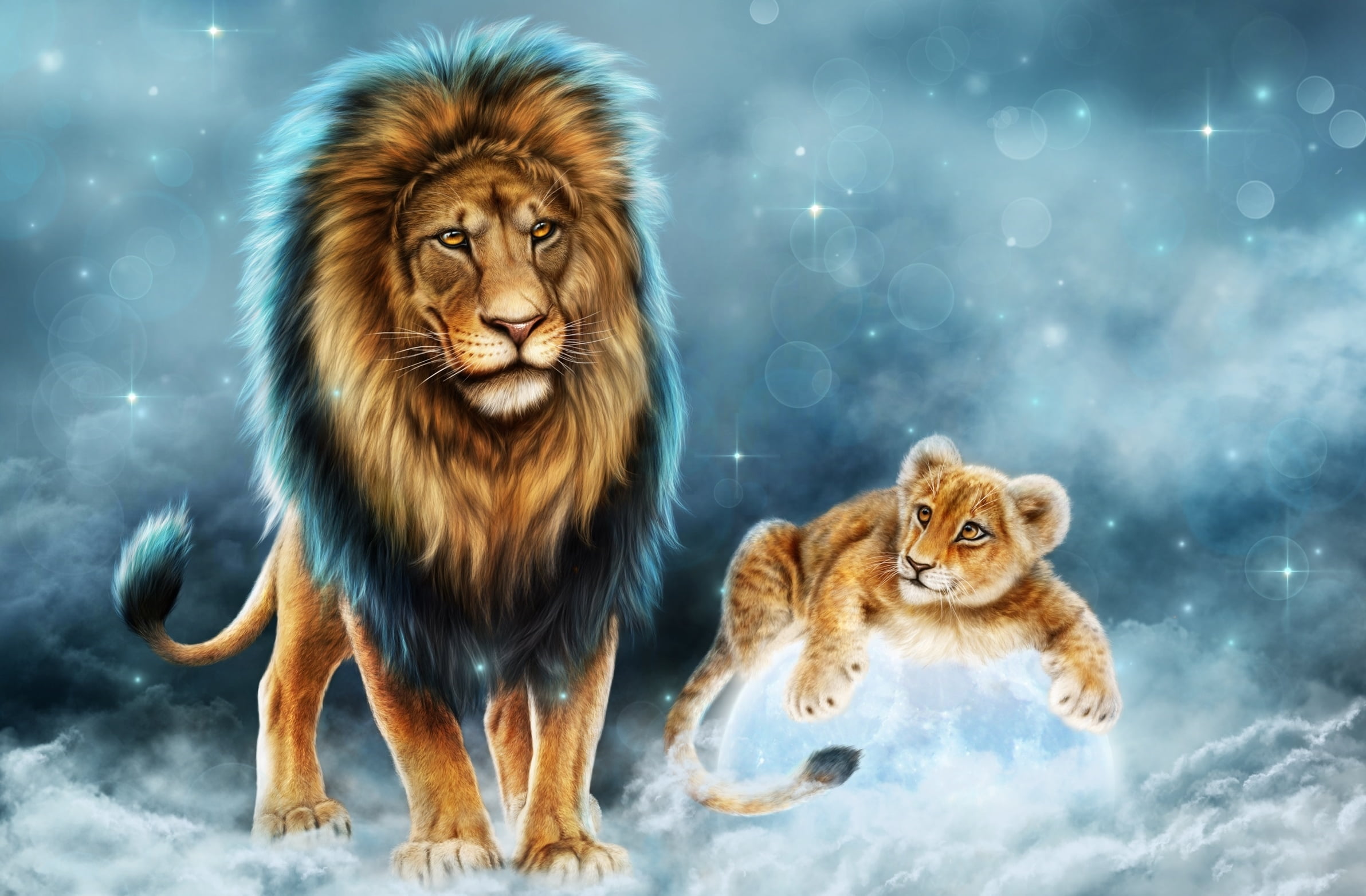 lion, cub, nature, animals, pets, black, vertebrate, winter, no people, father, lion - feline, 1080P, cat, painting, mammal, snow, two animals, Leo, animal wildlife, HD Wallpaper