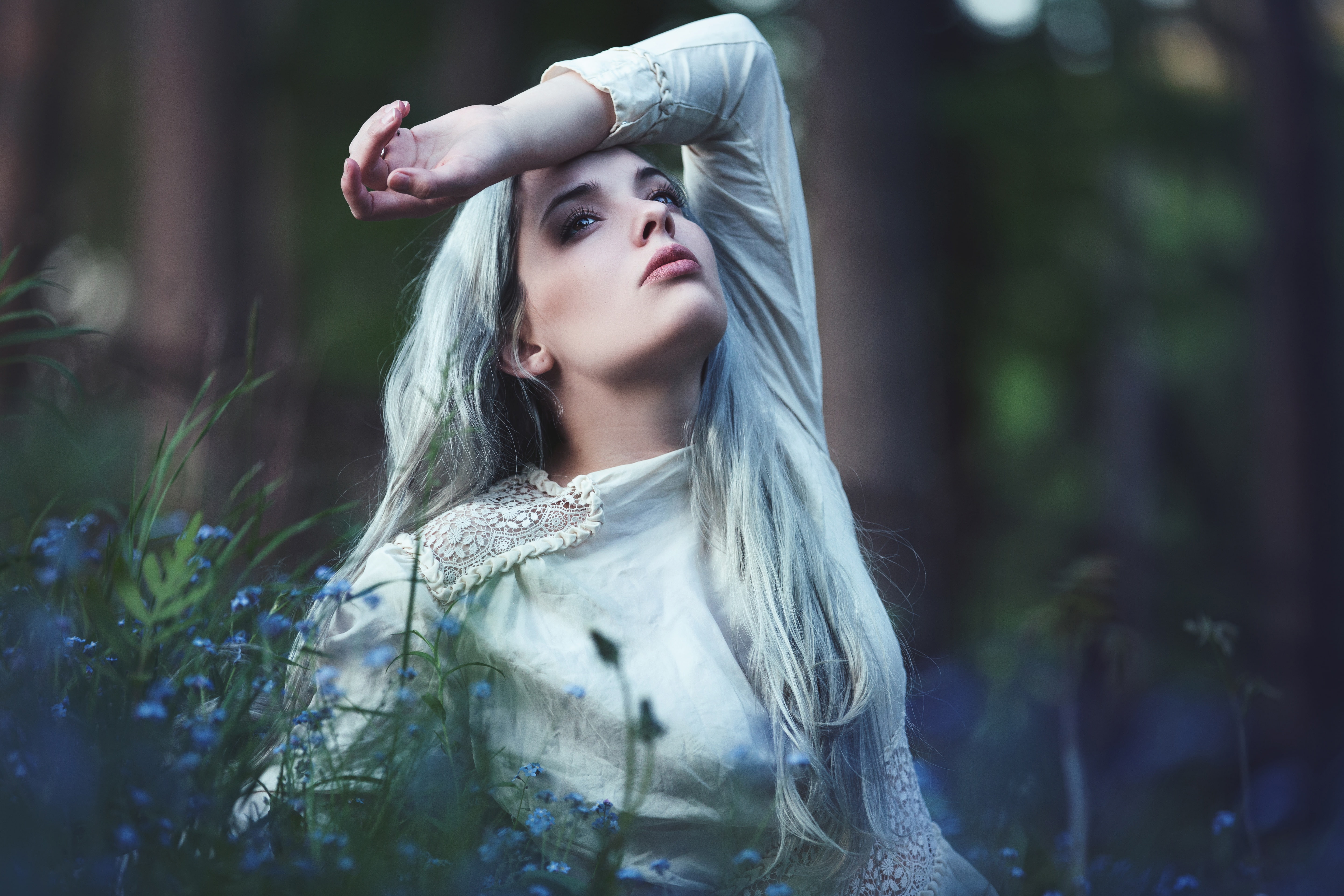 blonde, look, forest, face, flowers, forget-me-nots, portrait, white, 5K, nature, dress, background, girl, pose, beautiful, long-haired, HD Wallpaper