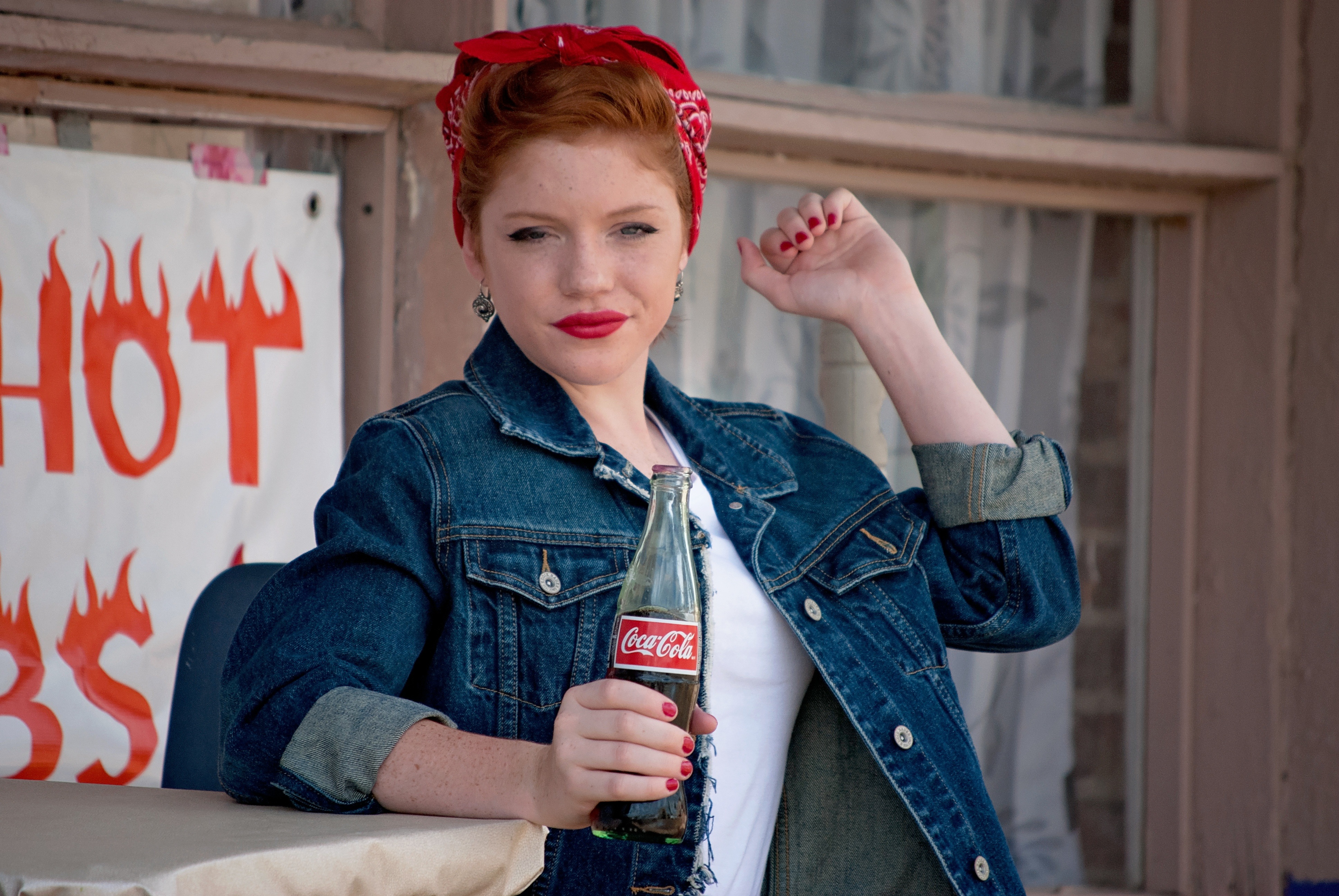 female, makeup, cola, young adult, sitting, redhead, holding, adult, young women, beauty, fashion, 50s, denim, text, coca, 50s style, front view, coke, HD Wallpaper