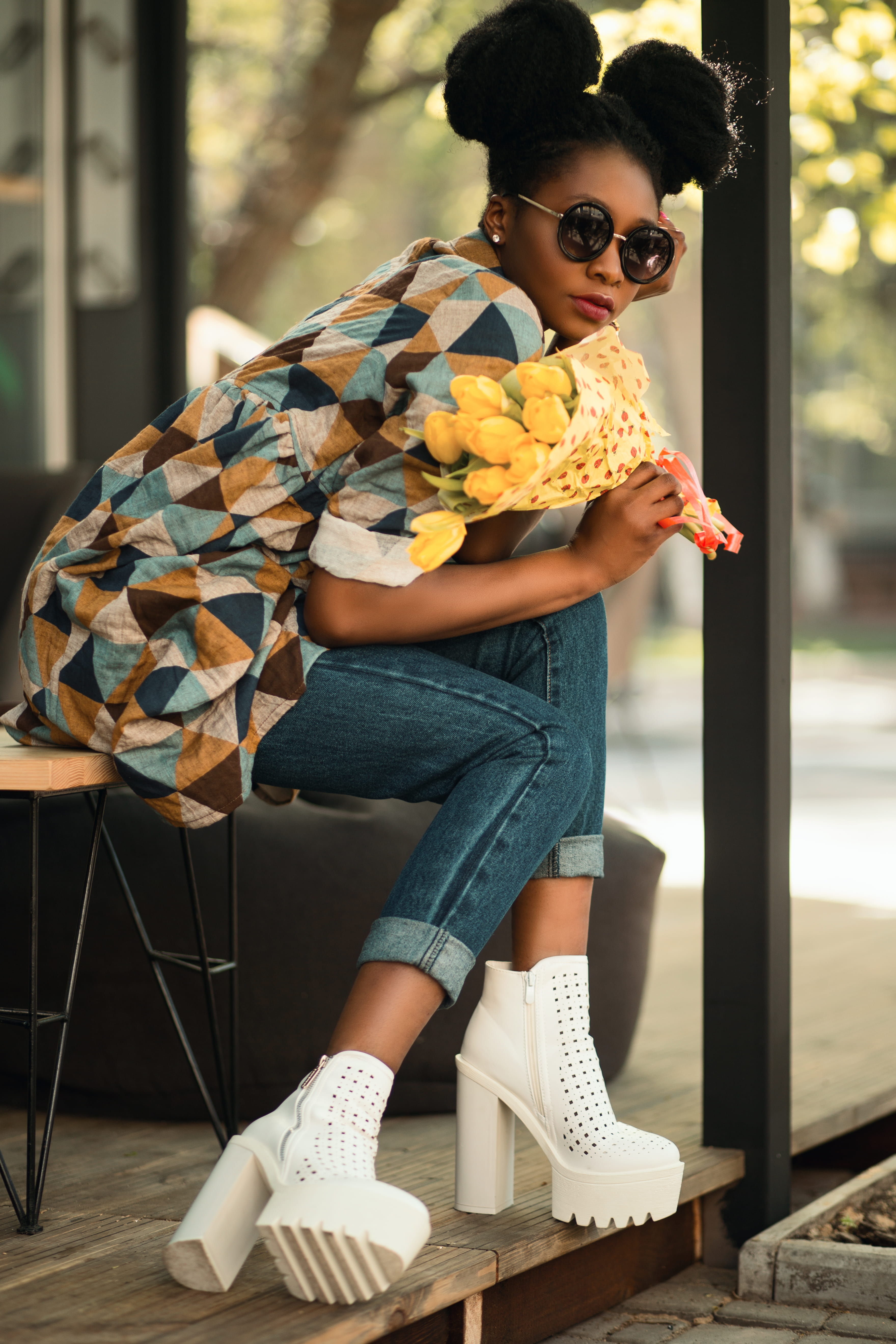 child, blurred background, real people, blue jeans, women fashion, fashionable, shirt, denim, lady, innocence, outfit, girl, geometric, yellow flowers, Phone HD Wallpaper