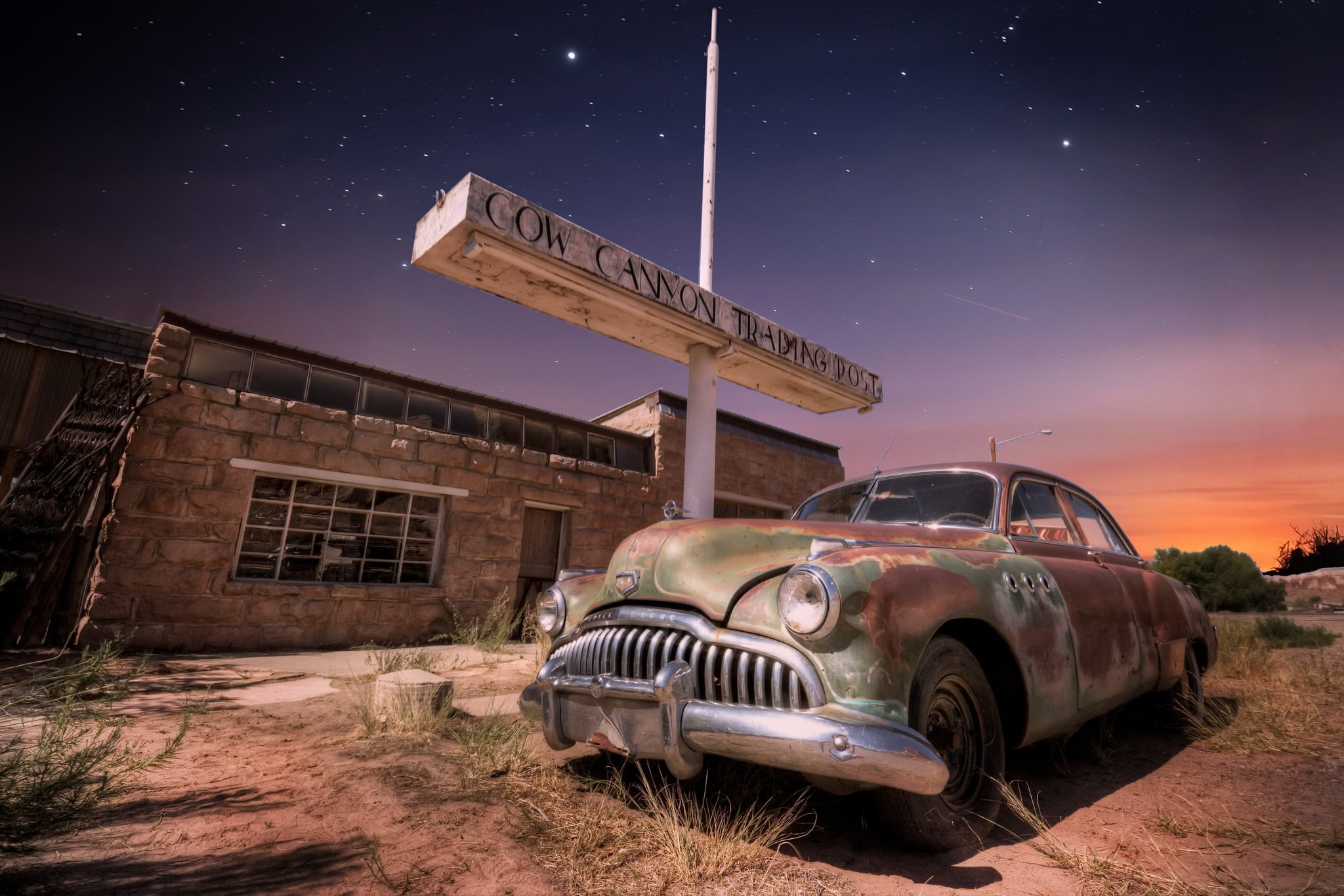 motor vehicle, vehicle, 1080P, sky, ruined, ruin, obsolete, retro styled, car, old, deterioration, night, land vehicle, history, text, no people, mode of transportation, HD Wallpaper