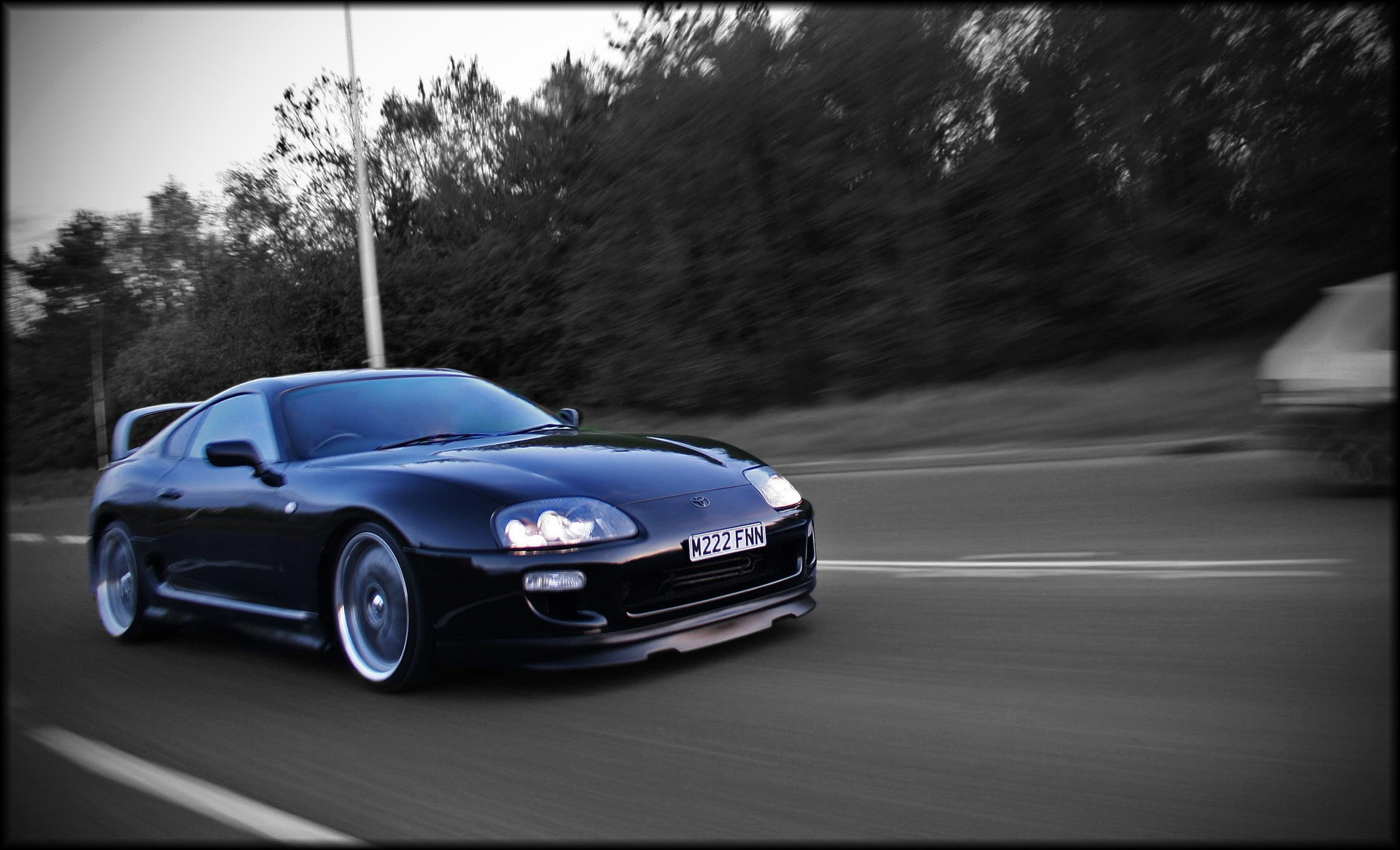 Toyota Supra, transfer print, luxury, motion, day, speed, plant, street, tree, mode of transportation, blurred motion, land vehicle, on the move, transportation, HD Wallpaper