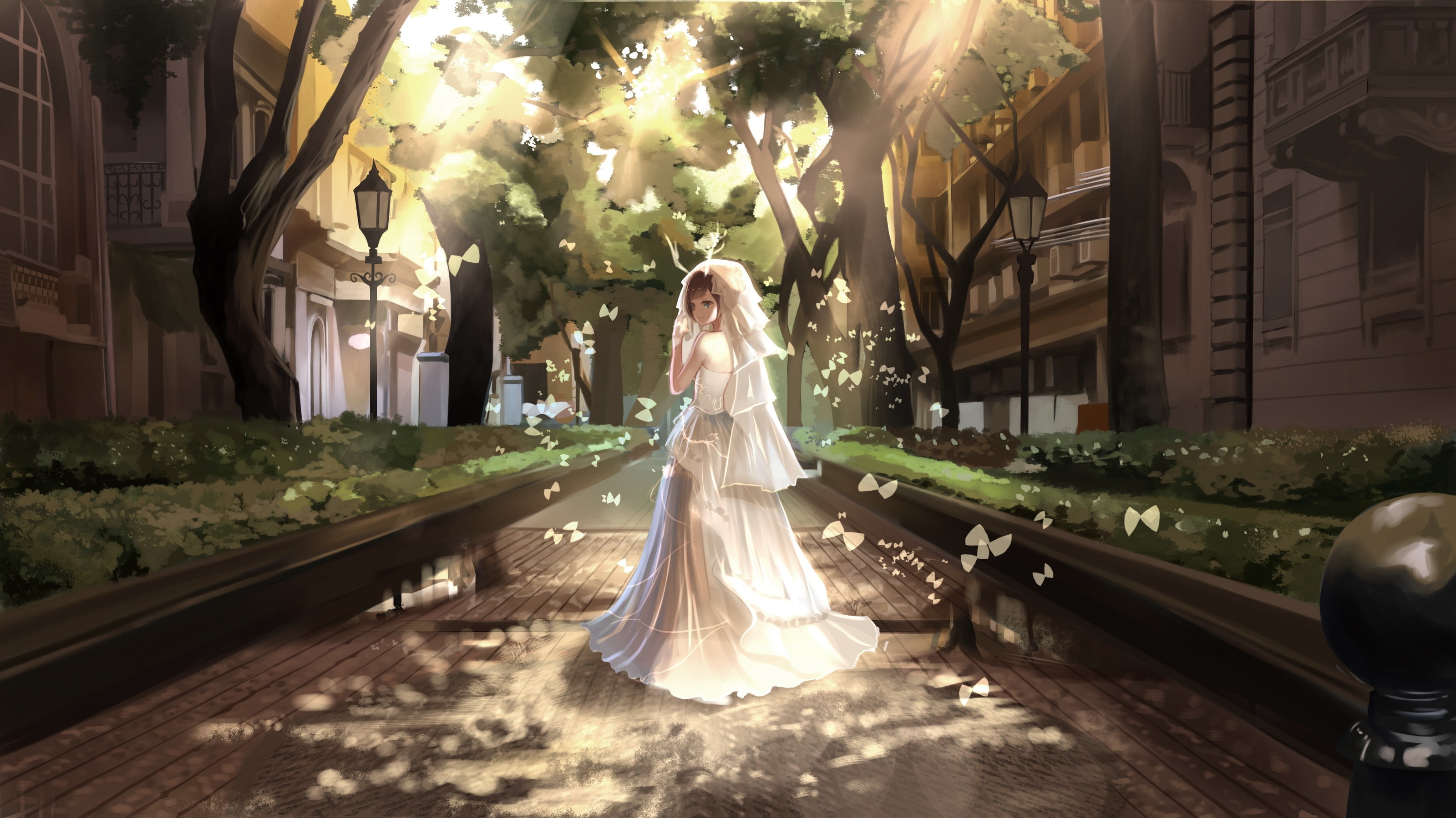 street, anime girls, butterfly, wedding dress, brunette, smiling, white gloves, anime, 2K, original characters, blue eyes, looking back, short hair, trees, HD Wallpaper