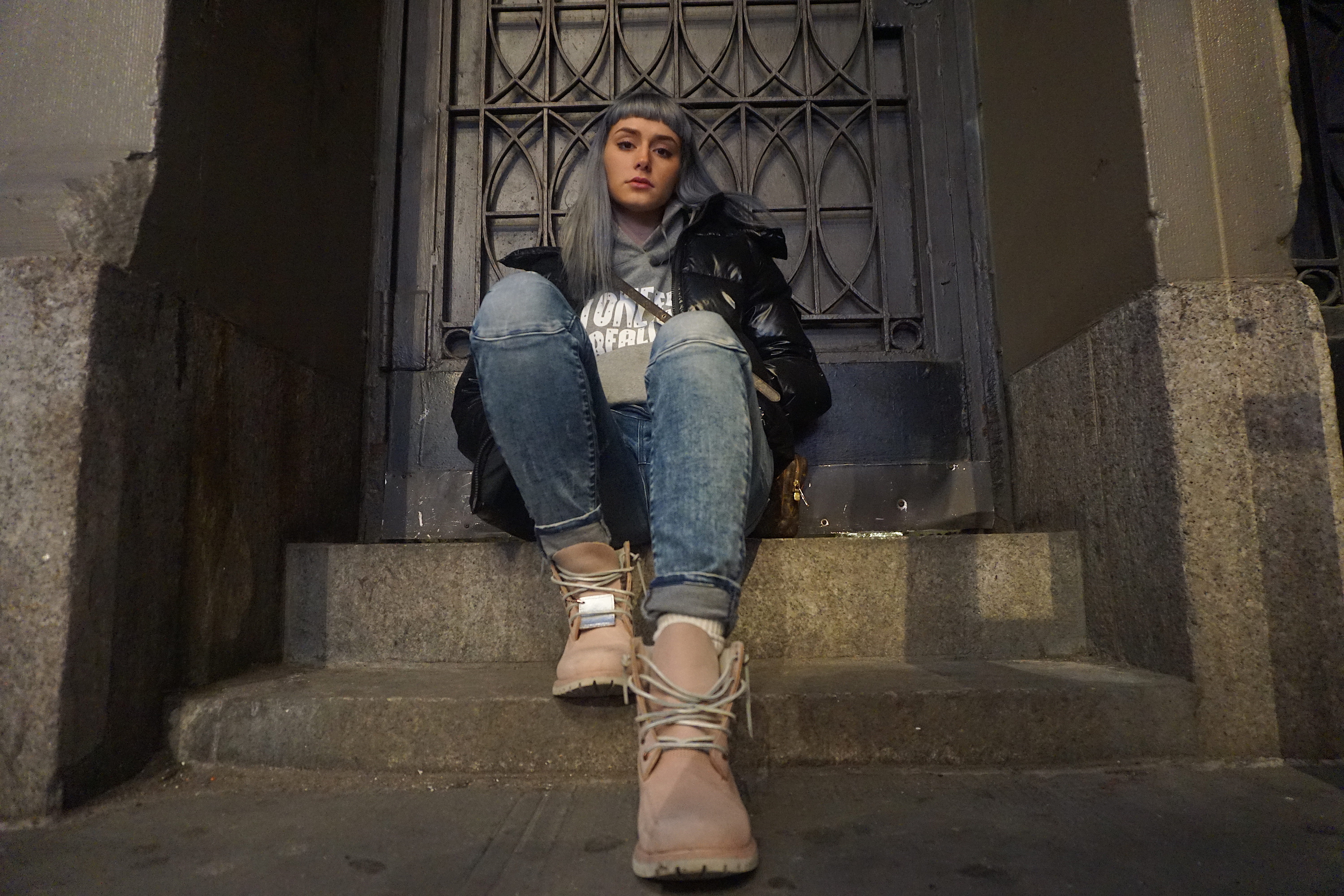 building exterior, grunge wall, staircase, fringe, grey hair, adult, street, woman, street portrait, young adult, outdoors, timberland, sitting, fashion, HD Wallpaper