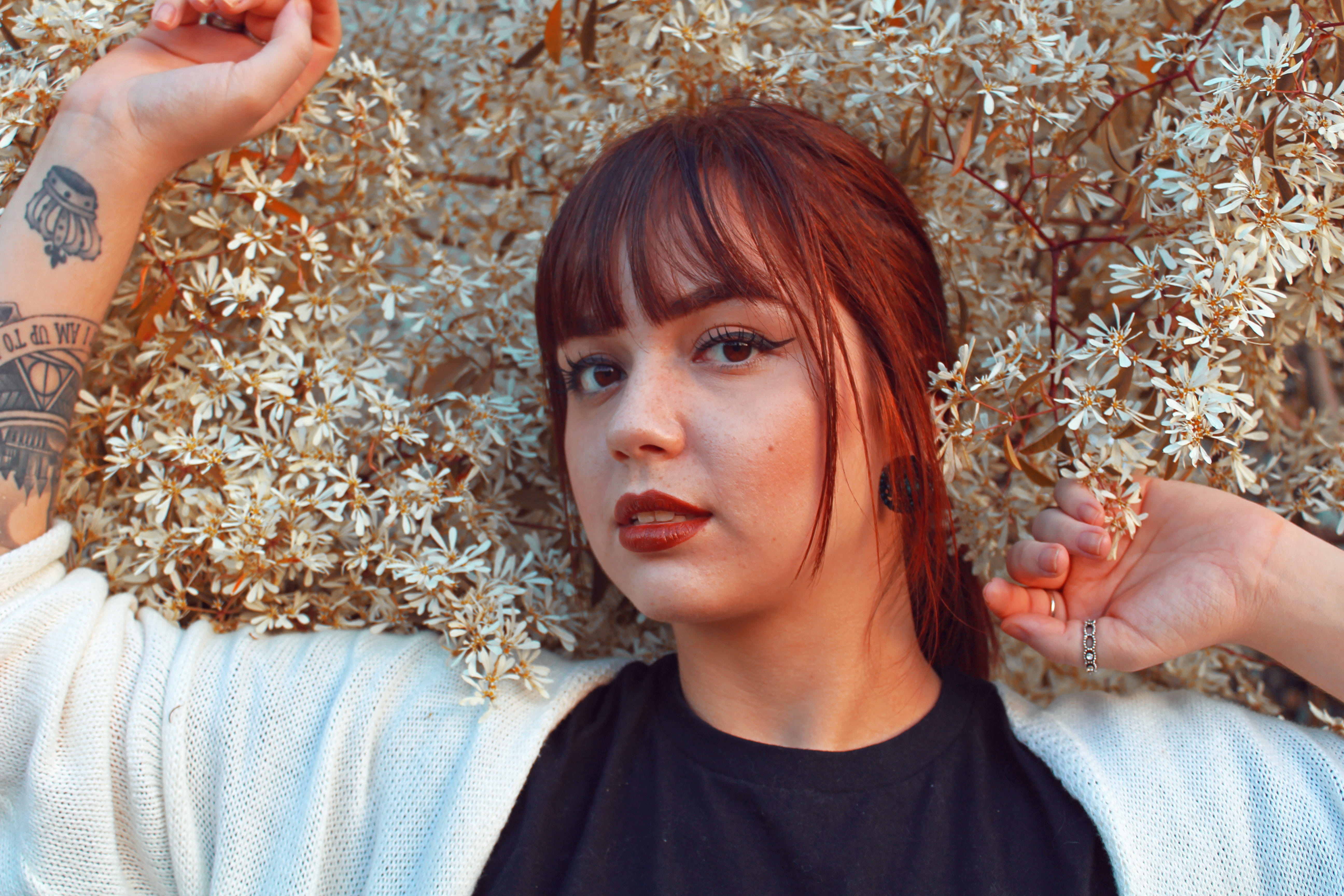 leisure activity, child, makeup, lifestyles, casual clothing, innocence, woman, portrait, model, flowery, looking at camera, tattooed, close-up, bangs, HD Wallpaper