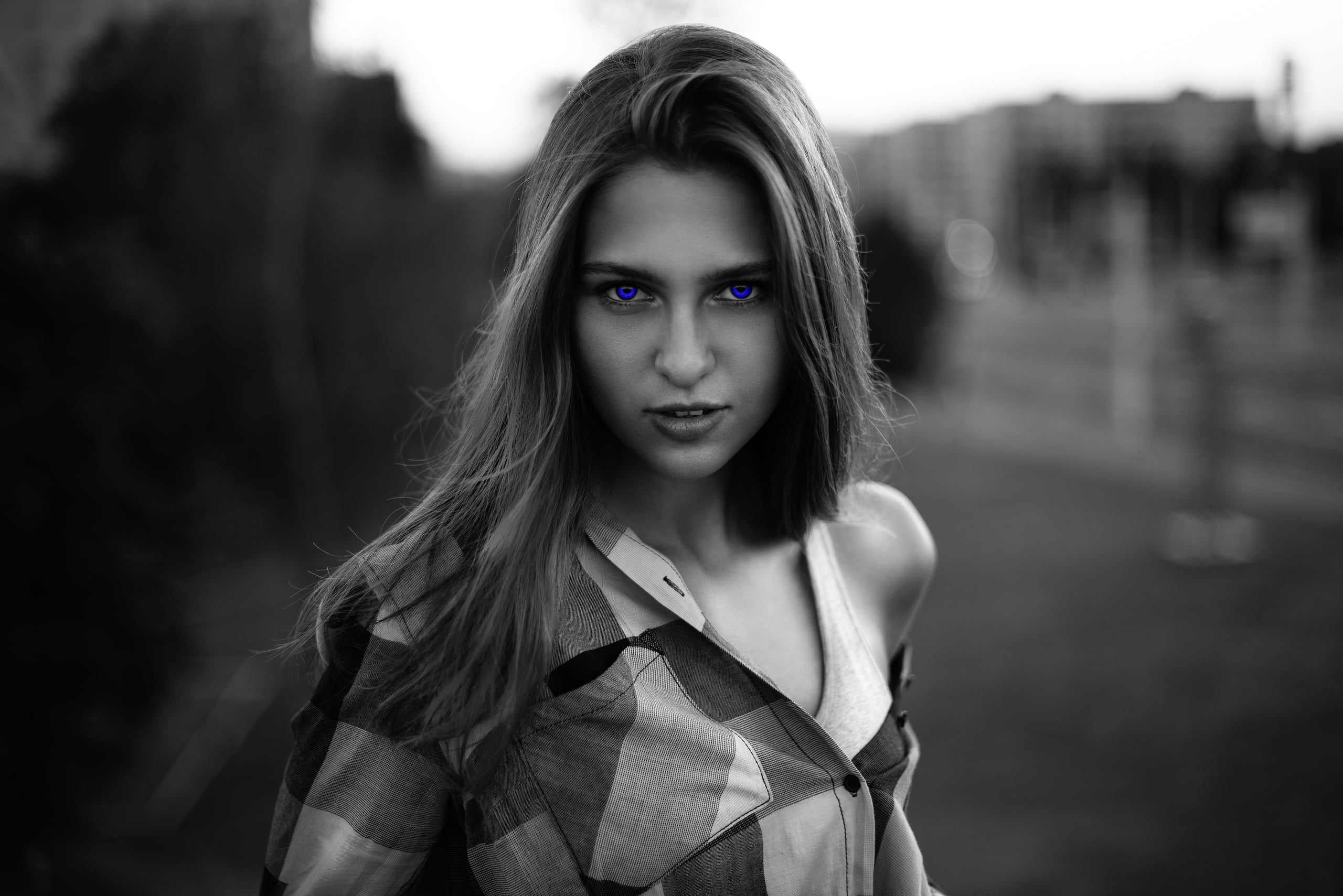 plaid shirt, fringe hair, Alexei Shipulia, women, 2K, portrait, model, shirt, blue eyes, monochrome, bokeh, HD Wallpaper