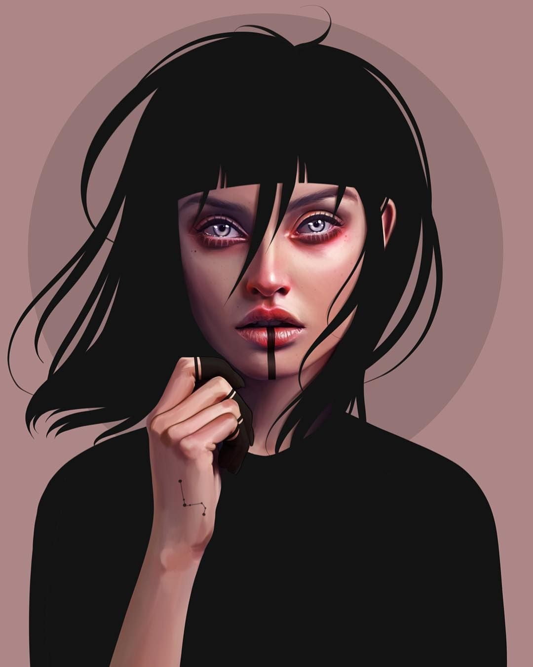 720P, simple background, black hair, gray eyes, digital art, looking at viewer, portrait, fringe hair, women, Phone HD Wallpaper