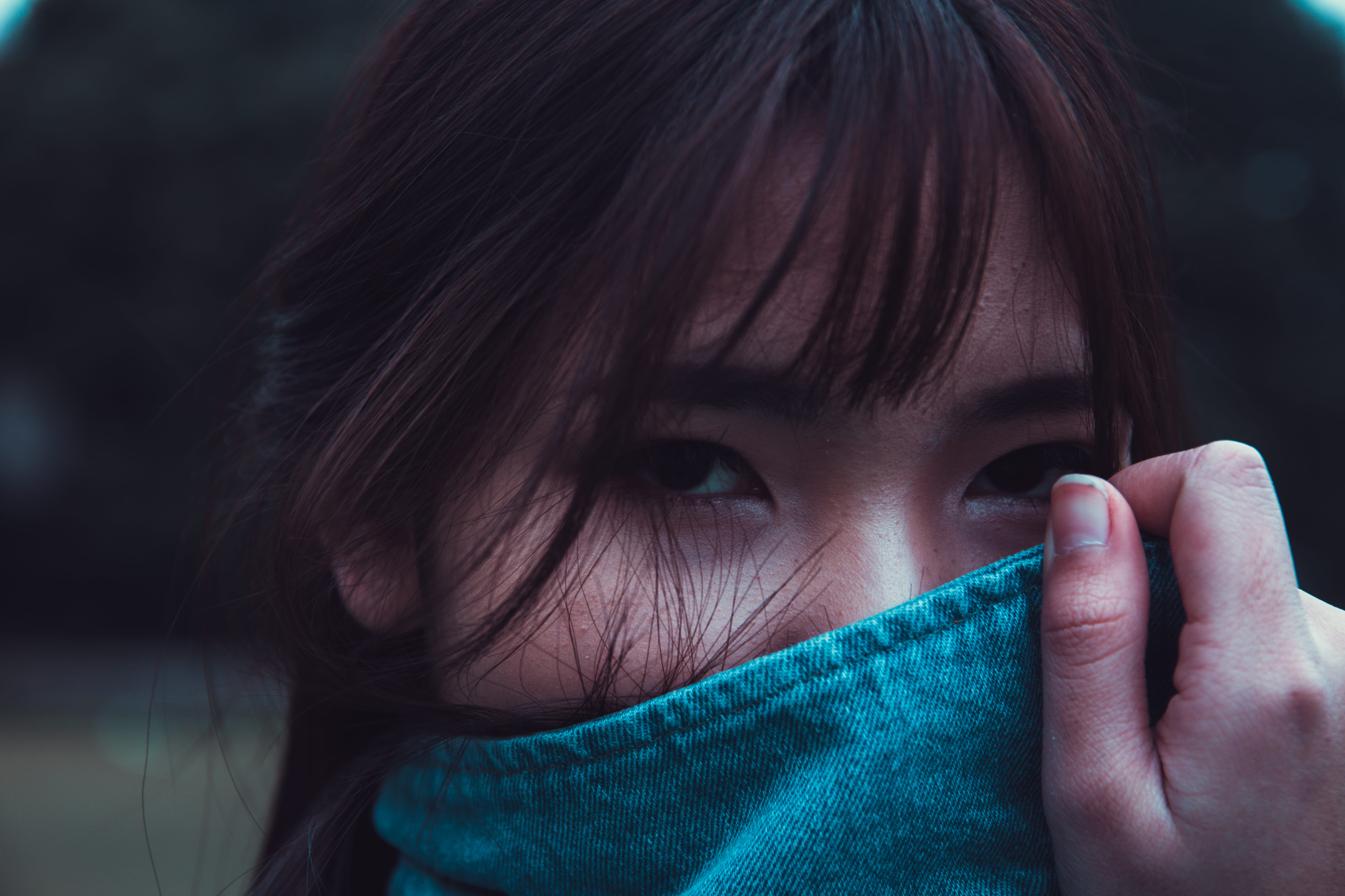 lifestyles, face, denim, portrait, hairstyle, coat, nail, body part, young adult, sadness, facial expression, human body part, looking at camera, blue, HD Wallpaper