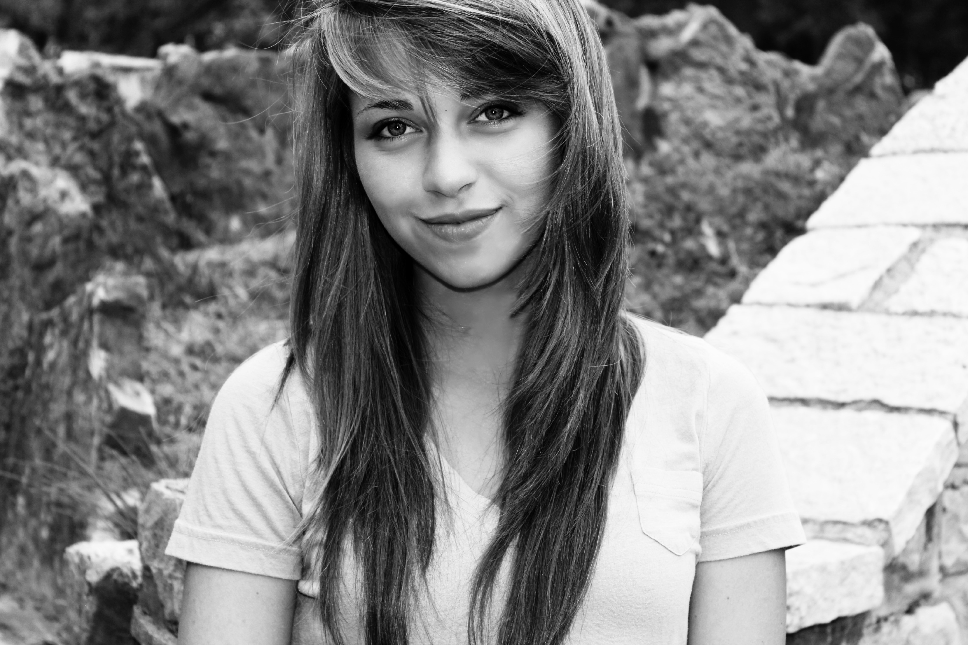 young, stylish, girl, looking at camera, style, model, look, outdoors, bangs, white, girls, v, grayscale, smiling, fashion, day, real people, leisure activity, HD Wallpaper