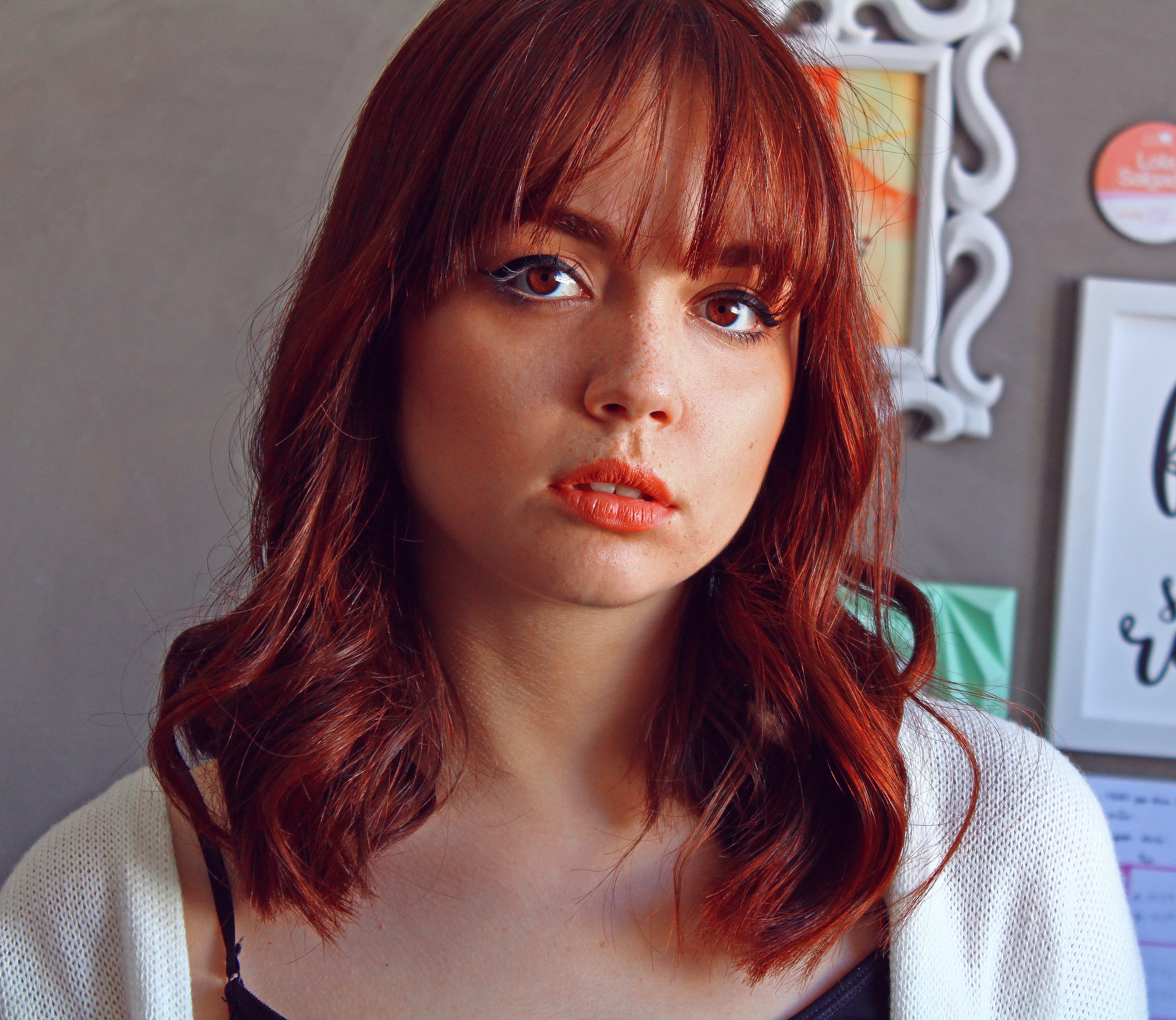 fringe, look, beautiful woman, makeup, one person, long hair, real people, casual clothing, model, looking at camera, indoors, girl, female, portrait, redhead, HD Wallpaper