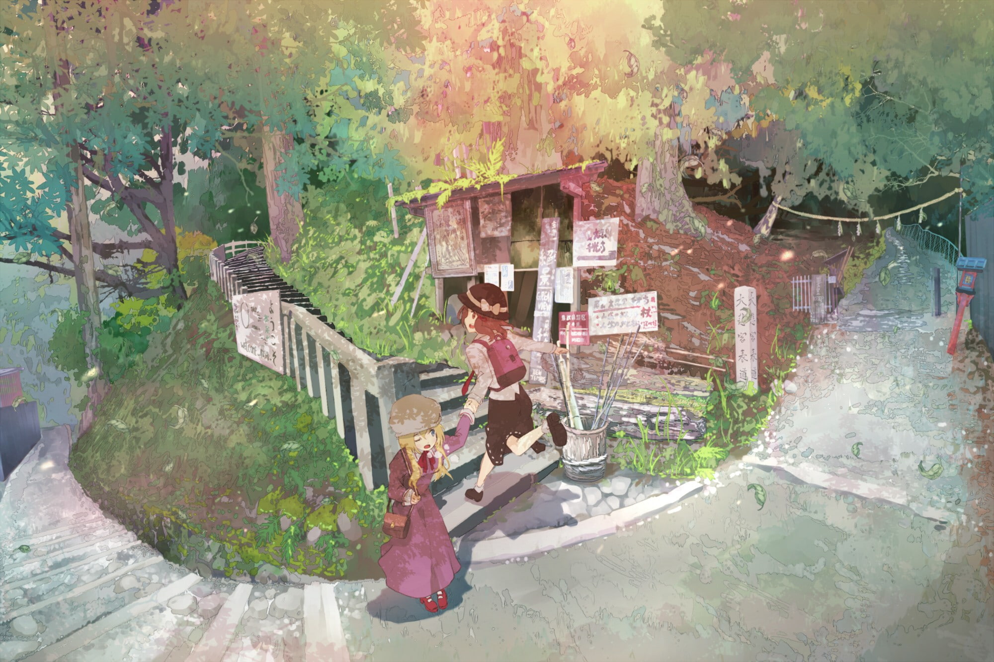 video, short, blue, colu, eyes, brunettes, touhou, roads, open, trees, han, backpacks, hair, shirts, hats, holding, long, anime, shoes, wink, 1080P, dress, HD Wallpaper
