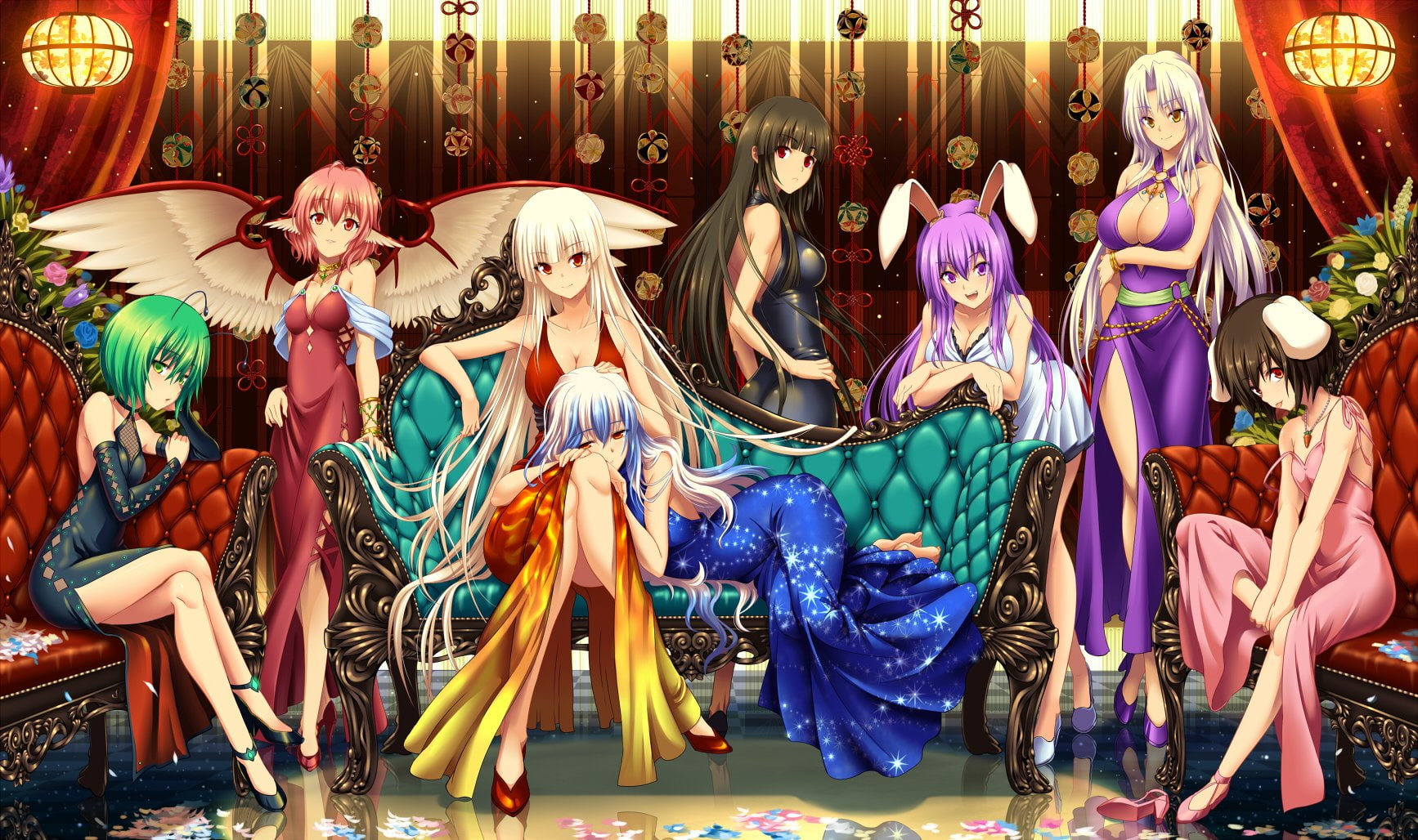 Green Hair, Brown Hair, Blue Hair, Anime, Dress, Purple Eyes, White Hair, Purple Hair, Fujiwara no Mokou, Red Eyes, Mystia Lorelei, Eirin Yagokoro, Girl, HD Wallpaper