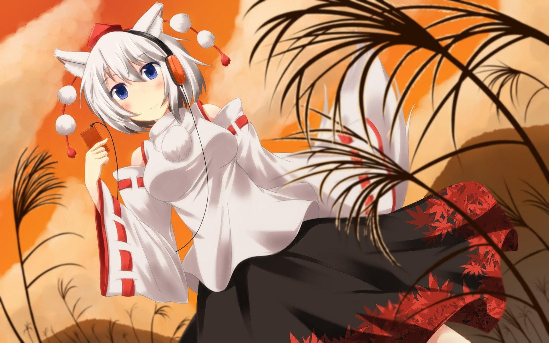 outdoors, hills, 1080P, short, hat, japanese, hair, headphones, bare, momiji, games, ears, sleeves, tokin, skirts, blush, anime, clothes, blue, mp3, tengu, HD Wallpaper