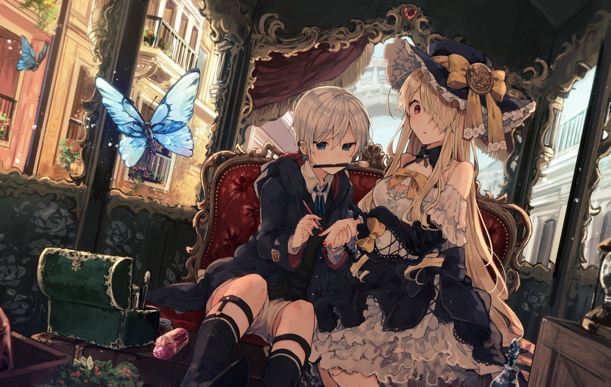 butterfly, anime girls, makeup, nail polish, anime, 1080P, HD Wallpaper