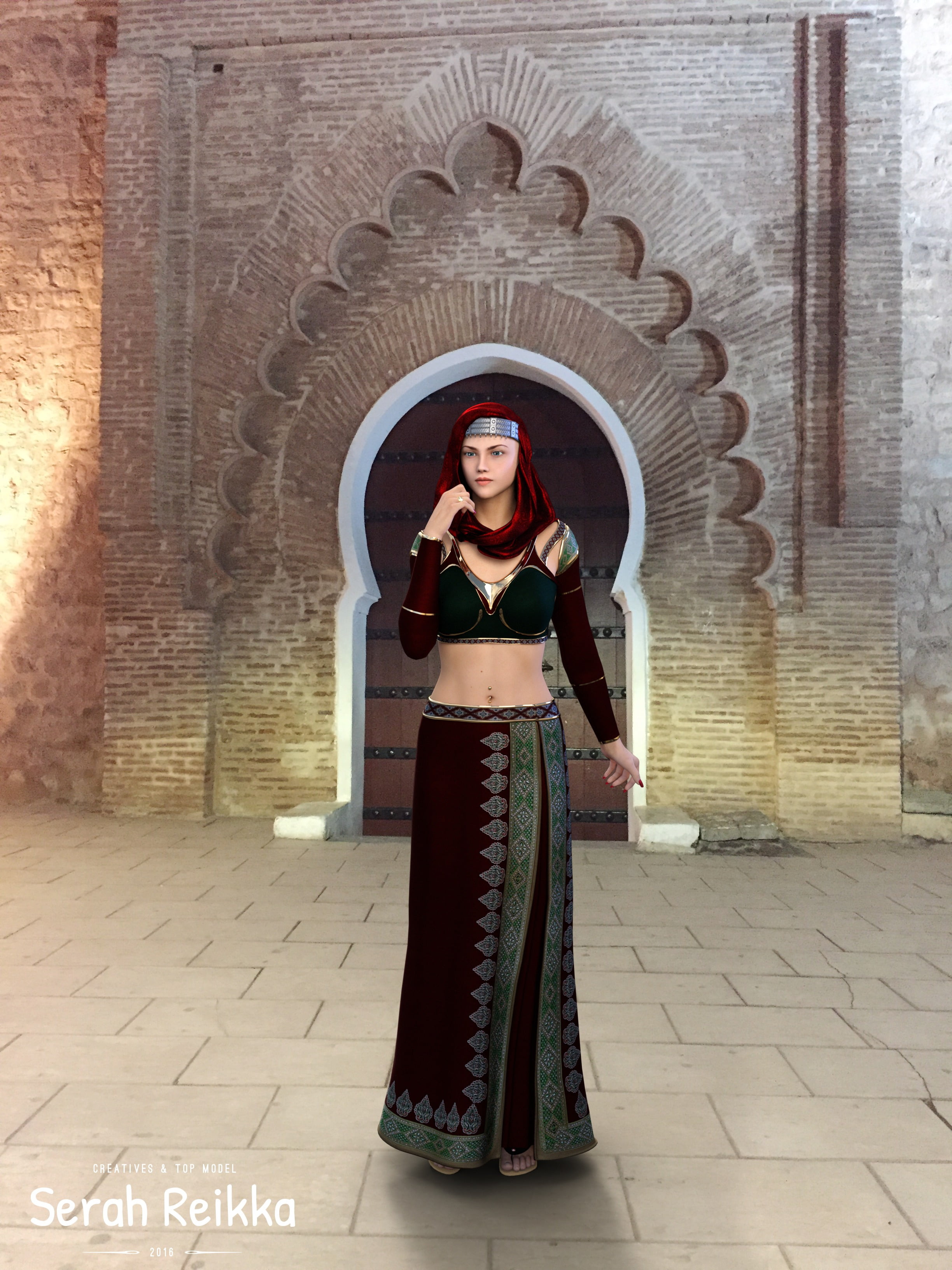looking at camera, built structure, traditional clothing, pierced navel, clothing, standing, 3d design, arch, model, CGI, night, one person, 3D, architectural column, Phone HD Wallpaper