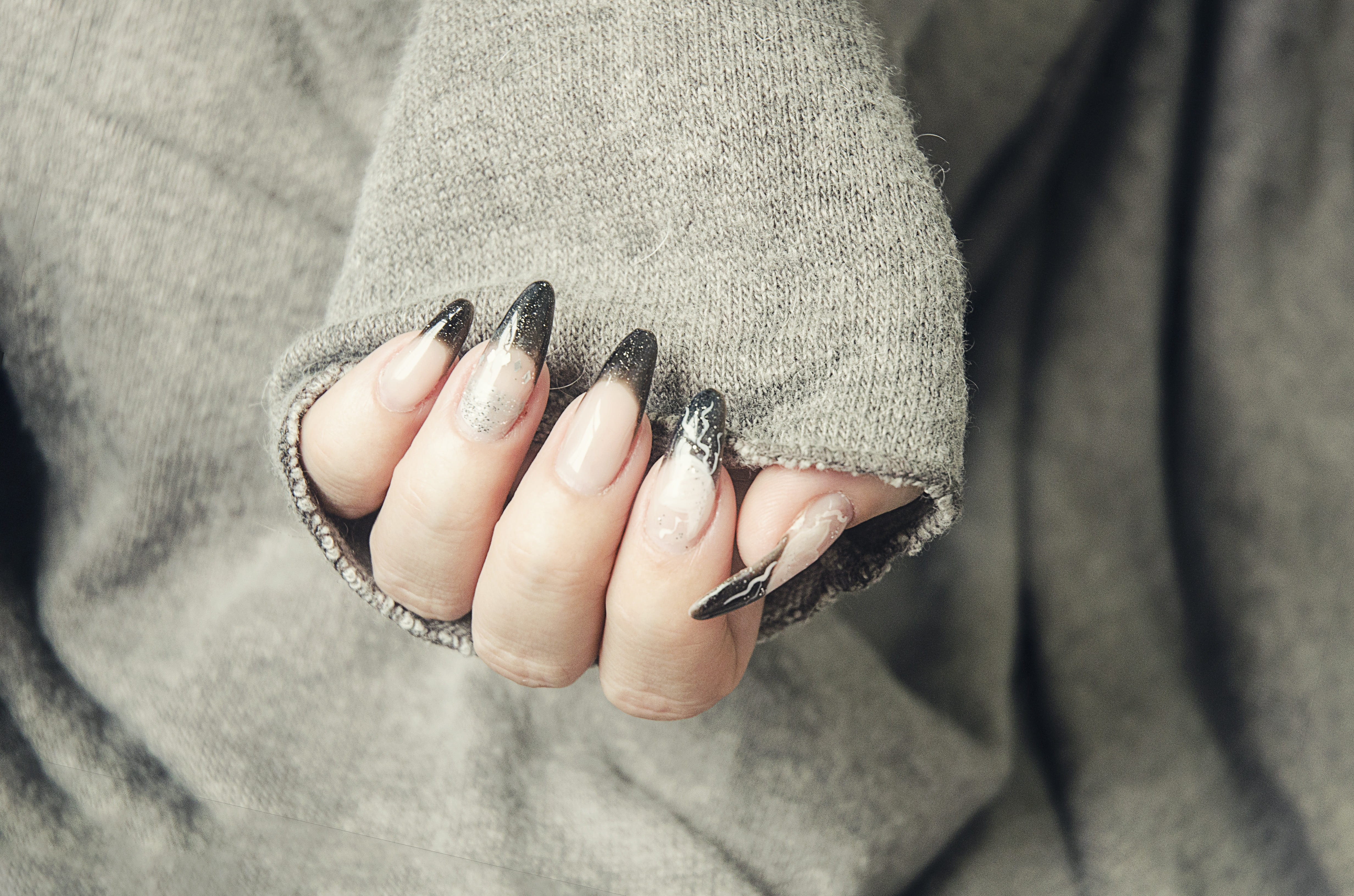 sweater, close-up, real people, 4K, nail polish, acrylic, fashion, black, one person, nail, photograph, art, finger, body part, model, black french, person, HD Wallpaper