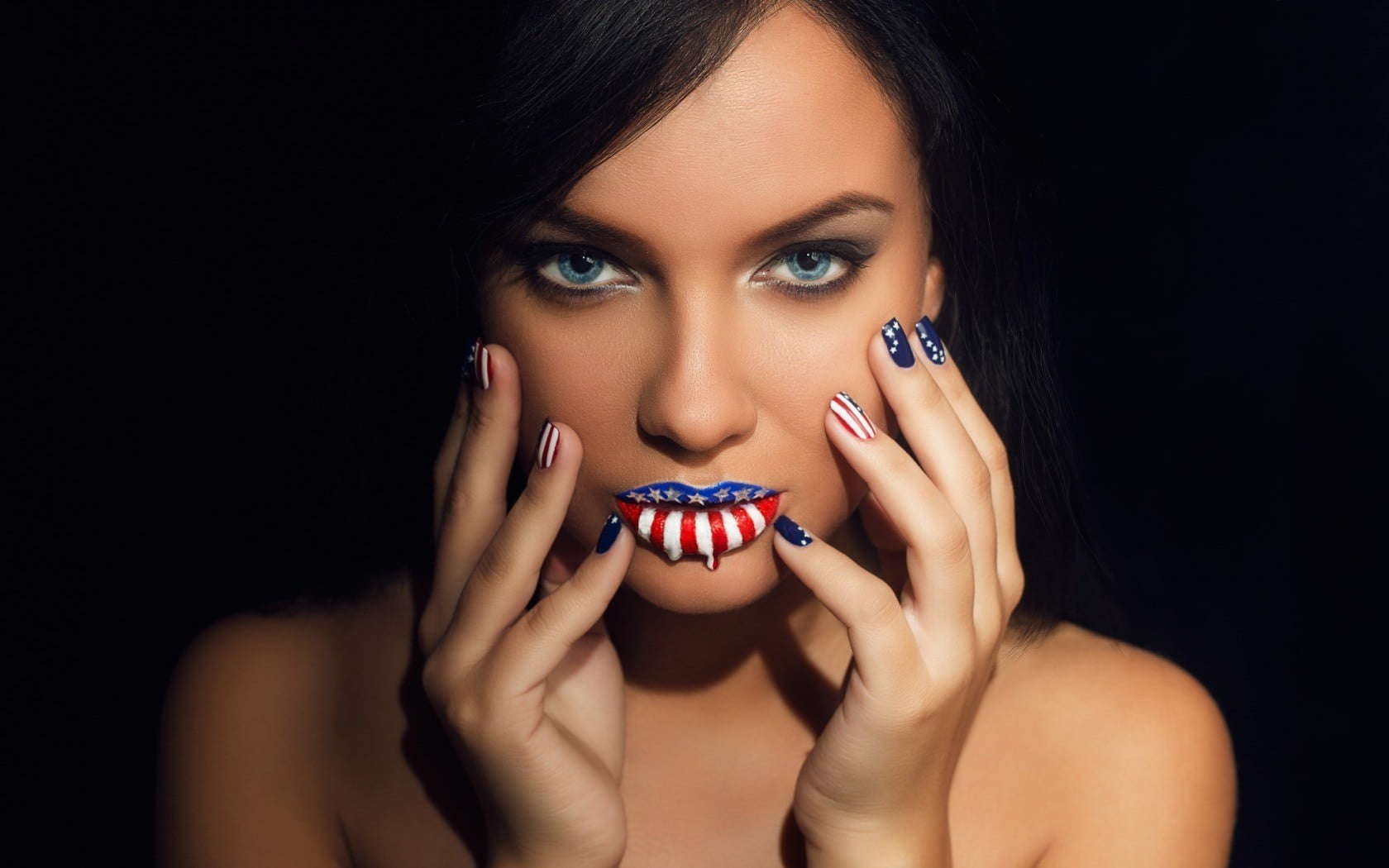 portrait, nail polish, beautiful woman, 720P, lips, model, young adult, hand, fashion model, glamour, adult, hairstyle, women, black background, nail, HD Wallpaper