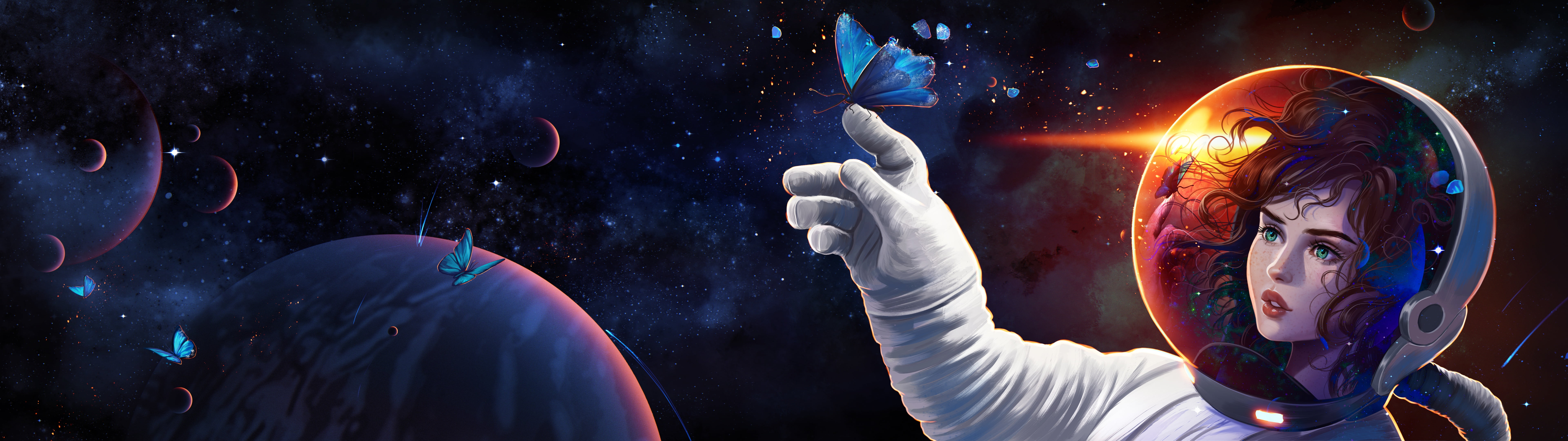 girl, butterfly, space, Prywinko, 8K, HD Wallpaper