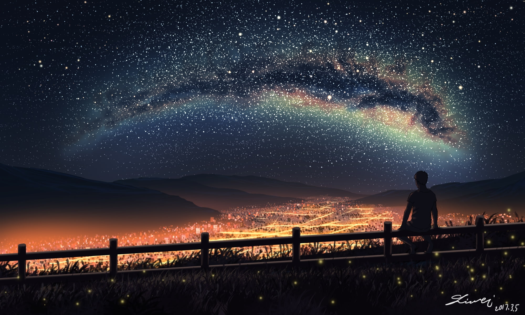 1080P, astronomy, beauty in nature, sky, lifestyles, night, light, standing, outdoors, railing, scenic, space, landscape, scenics - nature, nature, sitting, HD Wallpaper