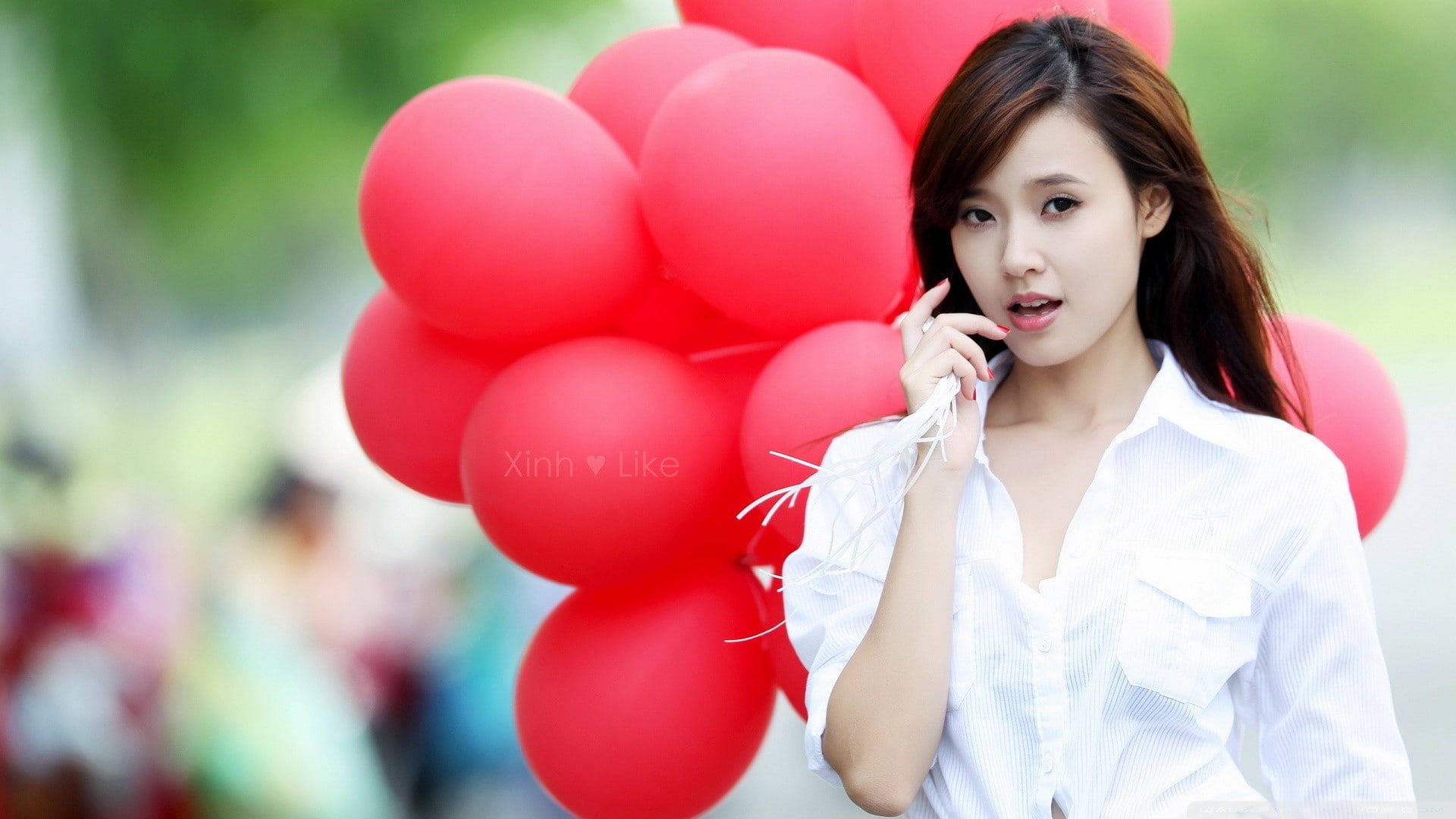 women, open mouth, white shirt, brown eyes, balloon, long hair, looking away, Asian, 1080P, brunette, HD Wallpaper