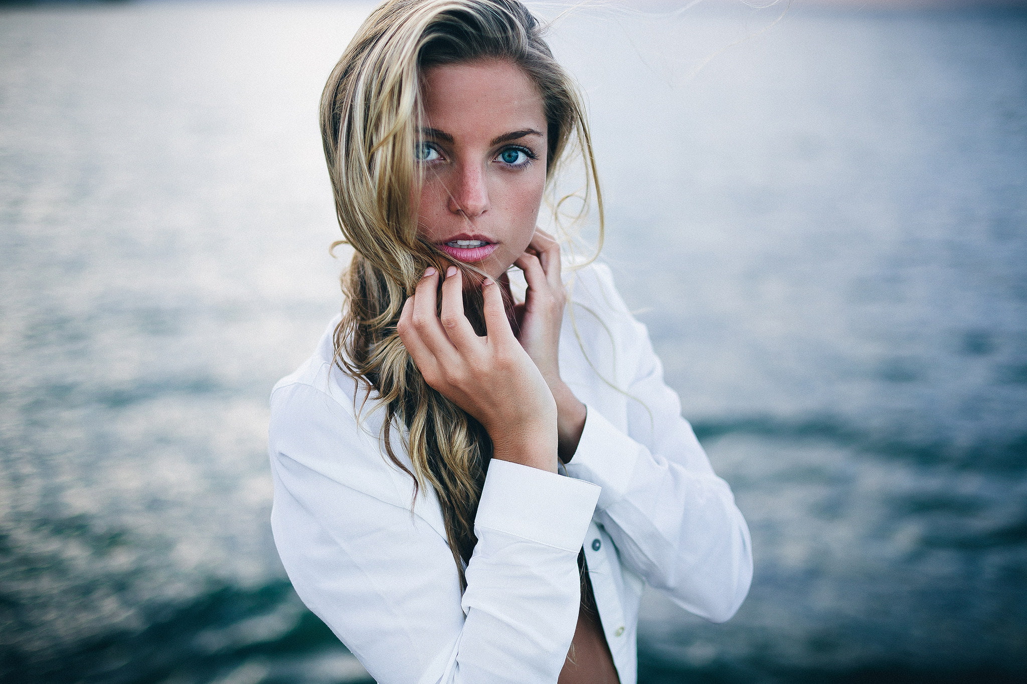 hand on face, open mouth, blonde, looking at viewer, open clothes, white shirt, women, blue eyes, 1080P, HD Wallpaper