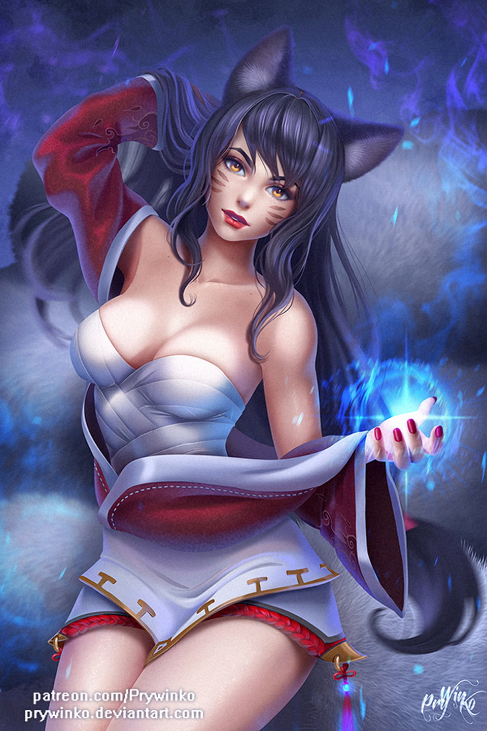 Ahri (League of Legends), 720P, blue, League of Legends, face paint, spell, women, nine tails, Prywinko, drawing, fox girl, magic, dress, Phone HD Wallpaper