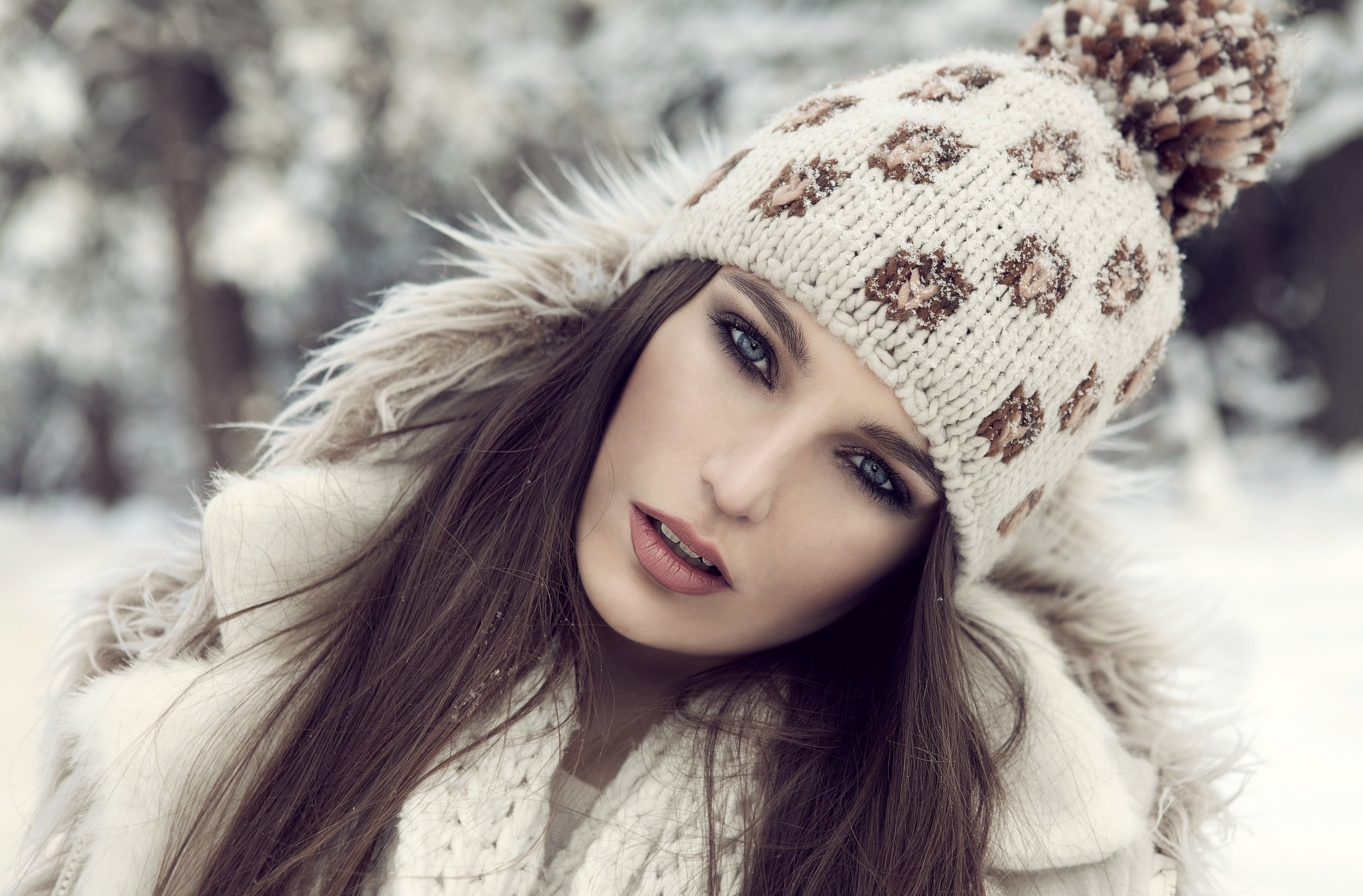 Snow, women, scarf, hair, white, body part, beautiful woman, knit hat, Winter, human face, looking at camera, fashion, young women, hairstyle, portrait, HD Wallpaper