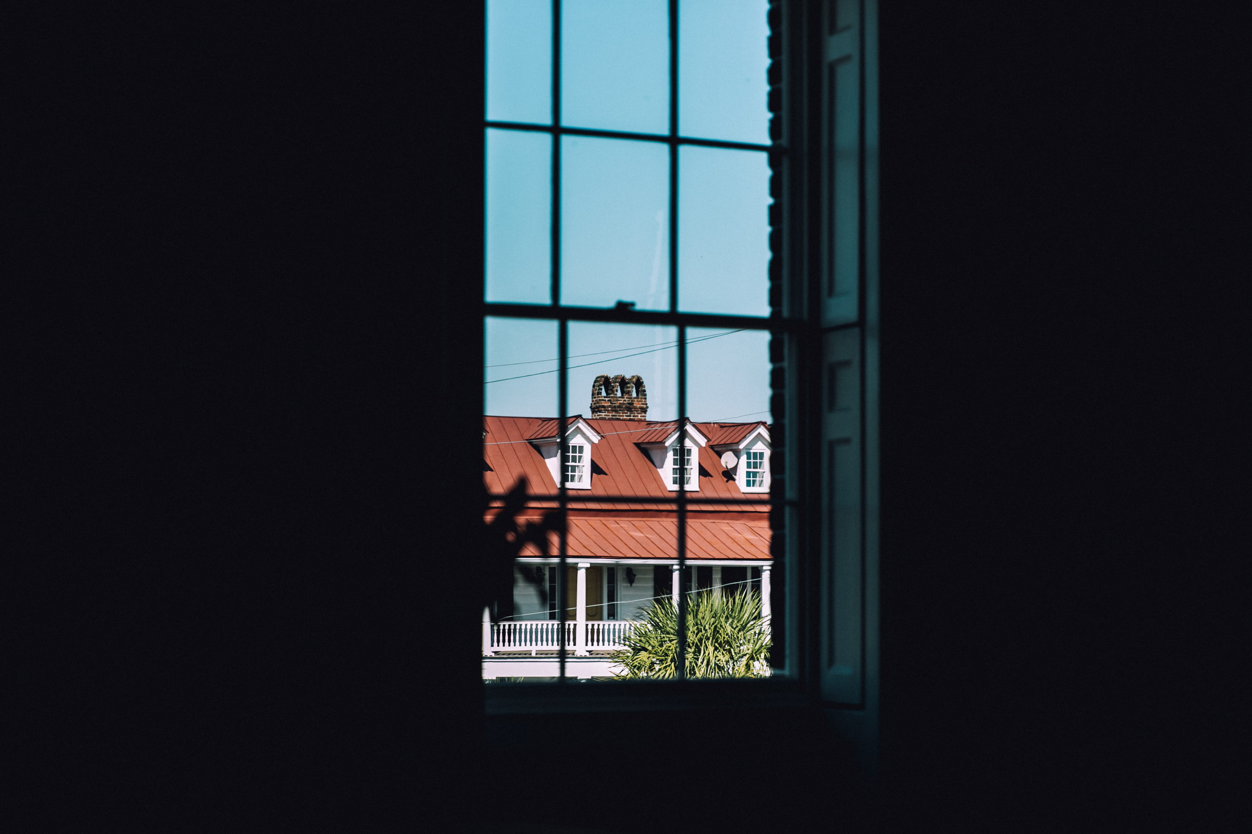 brick chimney, glass - material, sky, copy space, day, dark, looging through window, white, house, building exterior, near, nature, chimney, closeup, reflection, HD Wallpaper