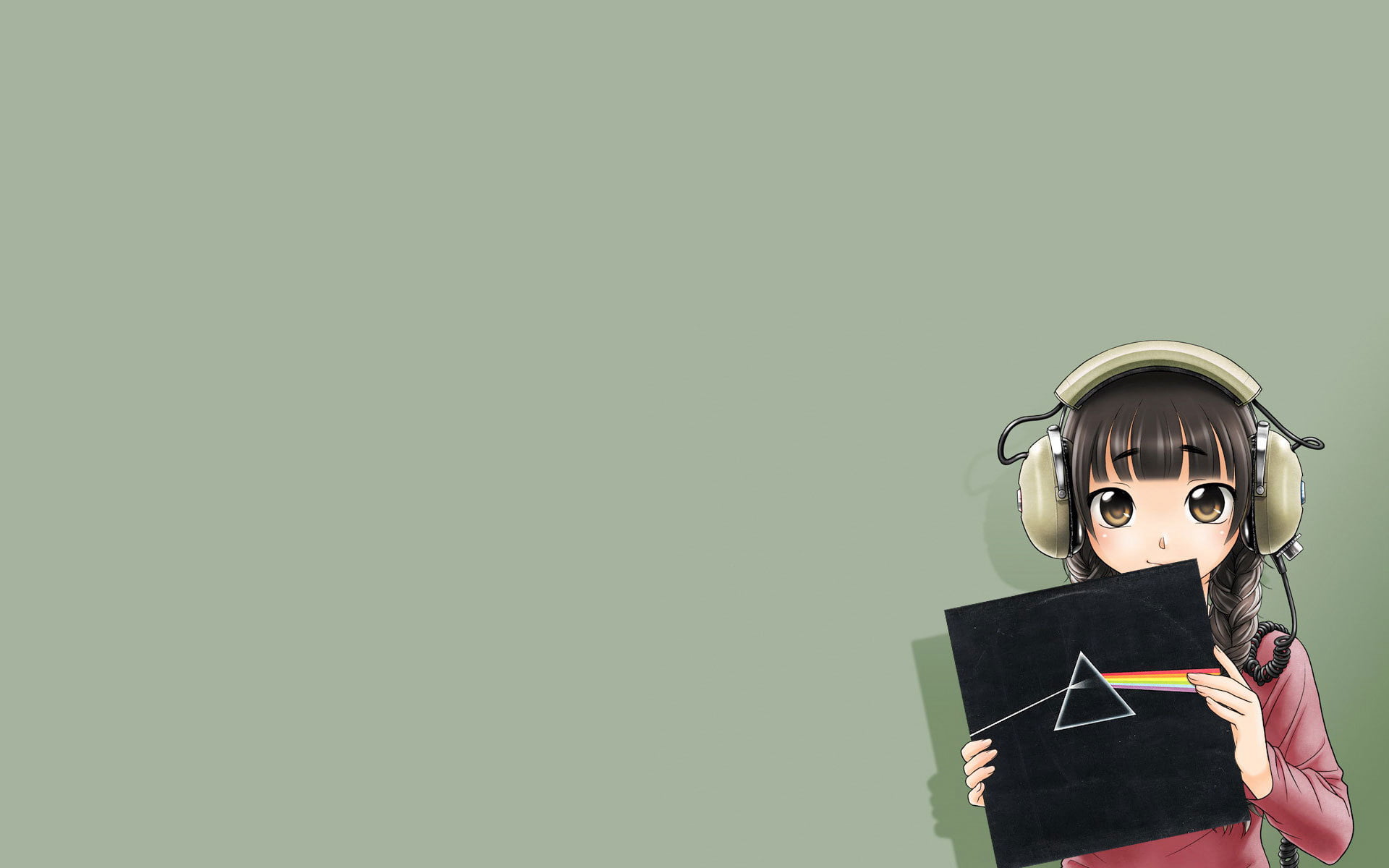 Anime, Dispersion of light, Dark Side Of The Moon, Record, 1080P, The Dark Side Of The Moon, Girl, Pink Floyd, Headphones, HD Wallpaper