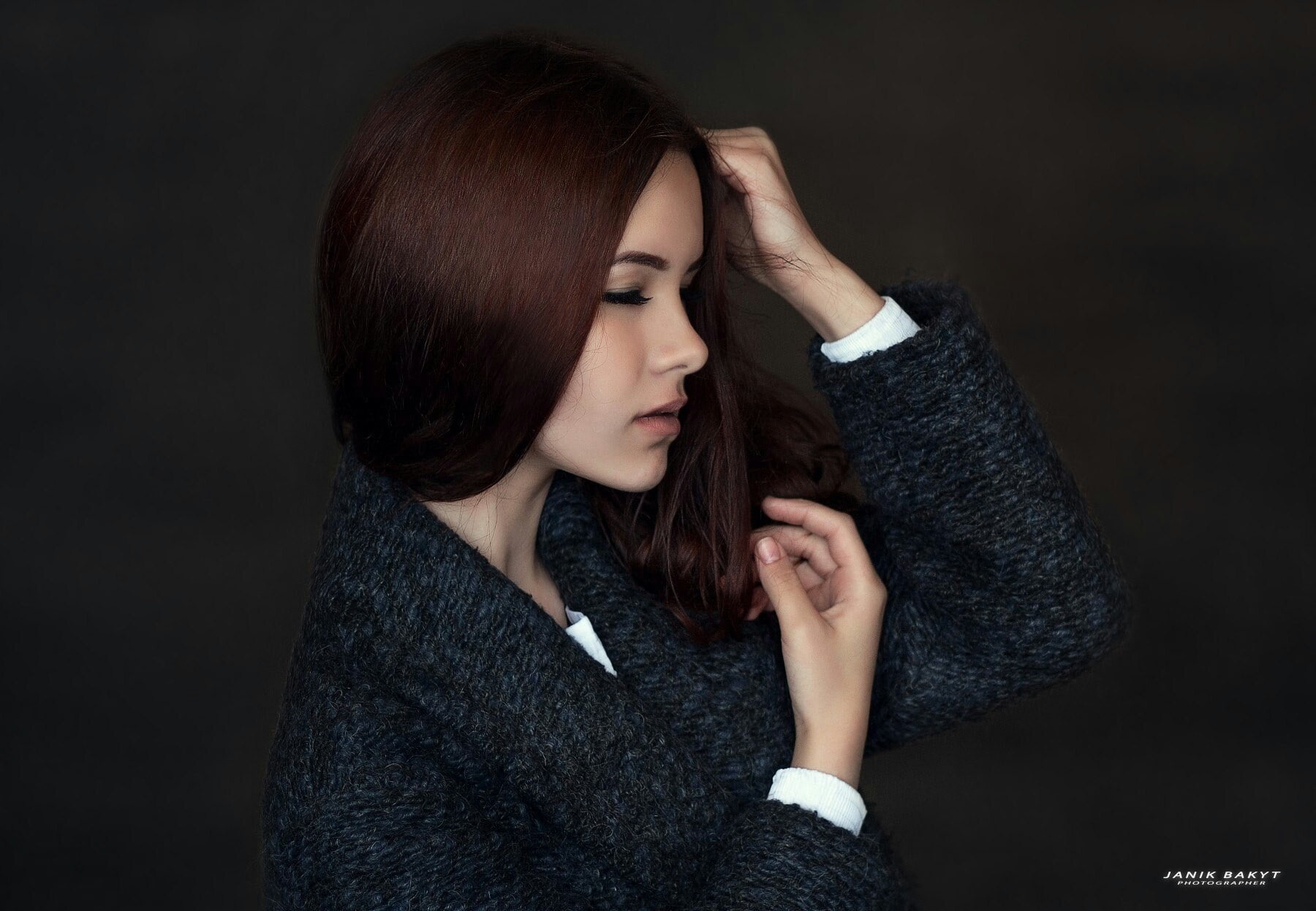 fashion, dark hair, hairstyle, face, studio shot, brown hair, 720P, long hair, clothing, hand, nail, women, beautiful woman, closed eyes, eyes closed, HD Wallpaper