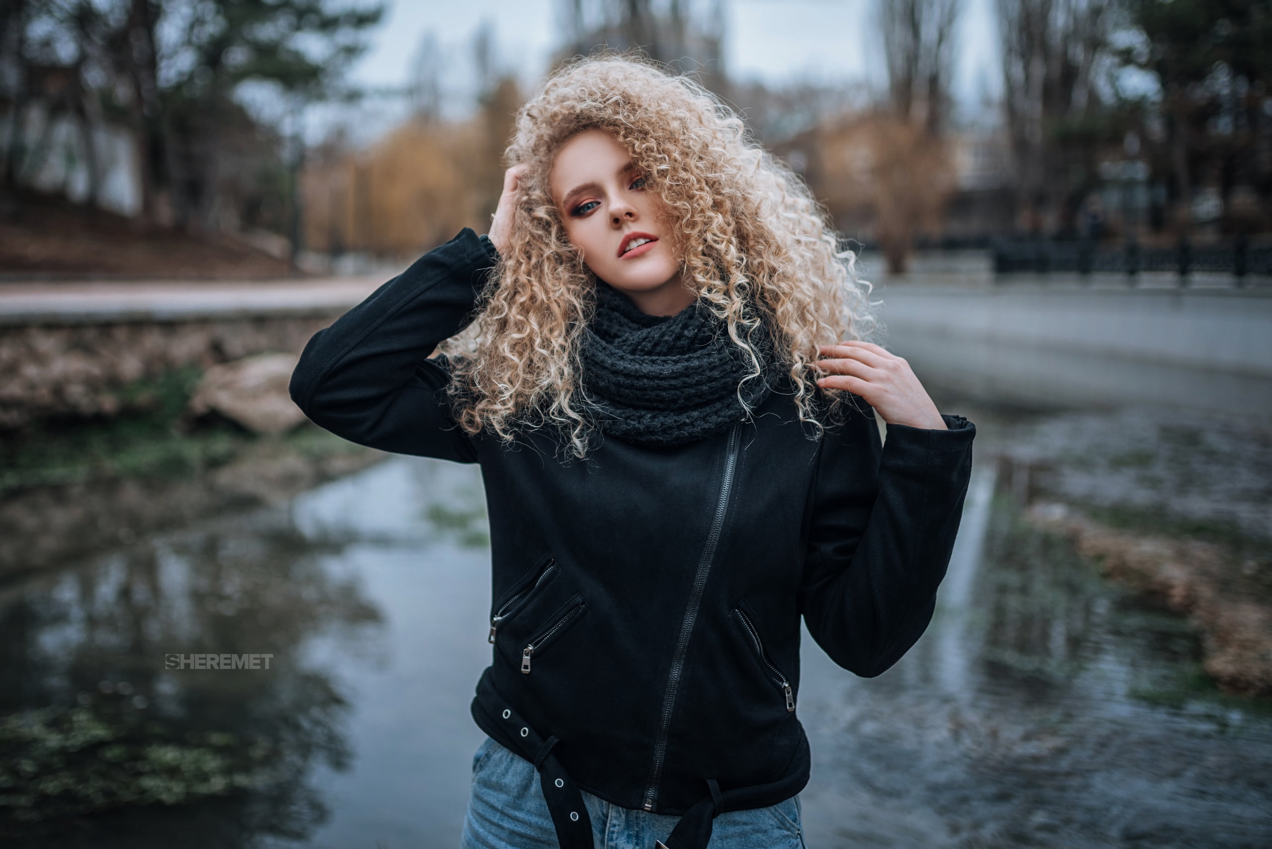 Ivan Sheremet, blue eyes, jacket, curly hair, women, winter, jeans, model, scarf, lake, women outdoors, blonde, 2K, trees, HD Wallpaper