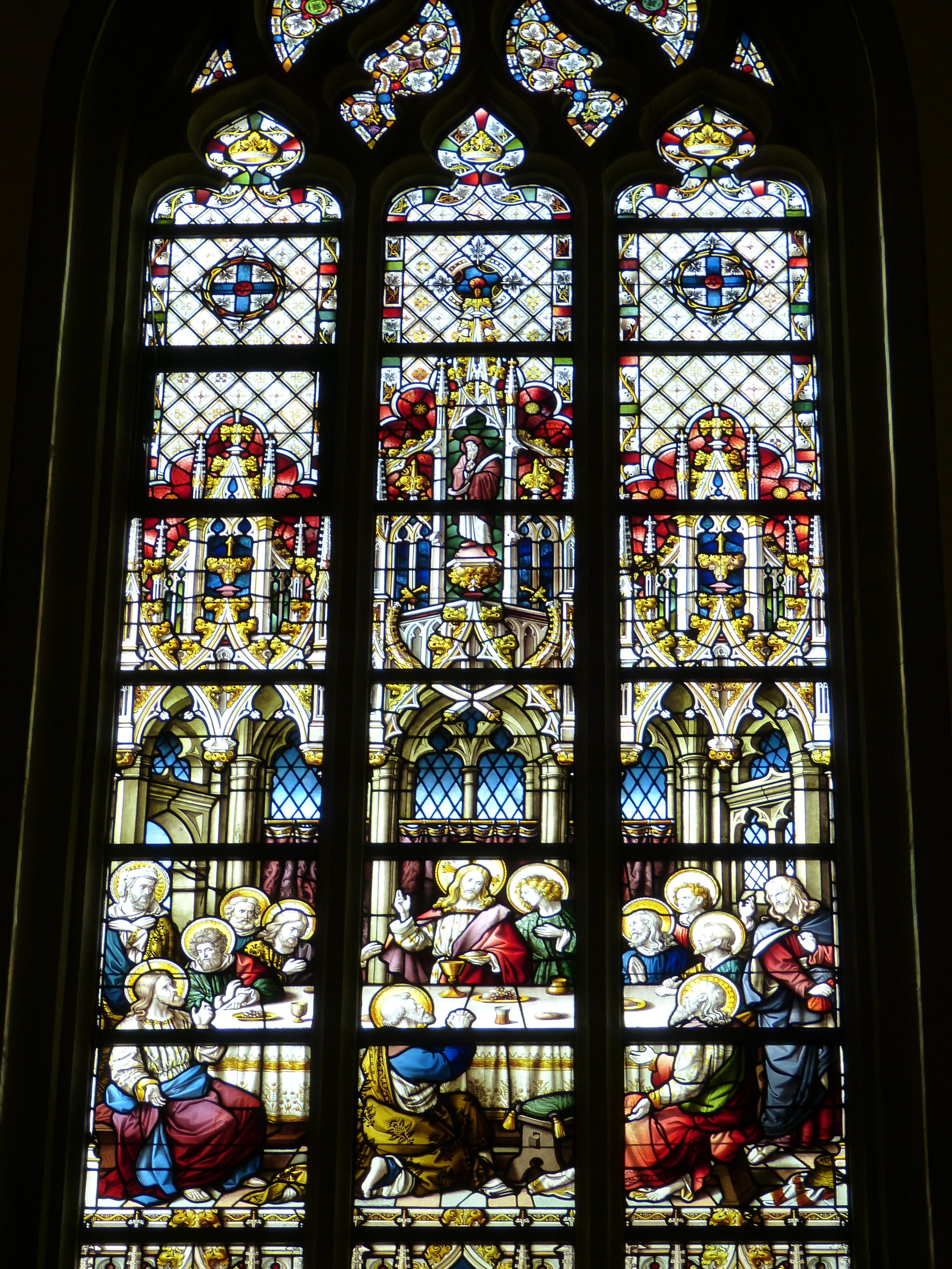 glass - material, glass, church window, old window, last supper, spirituality, christ, belief, church, bible, creativity, christianity, art and craft, architecture, Phone HD Wallpaper