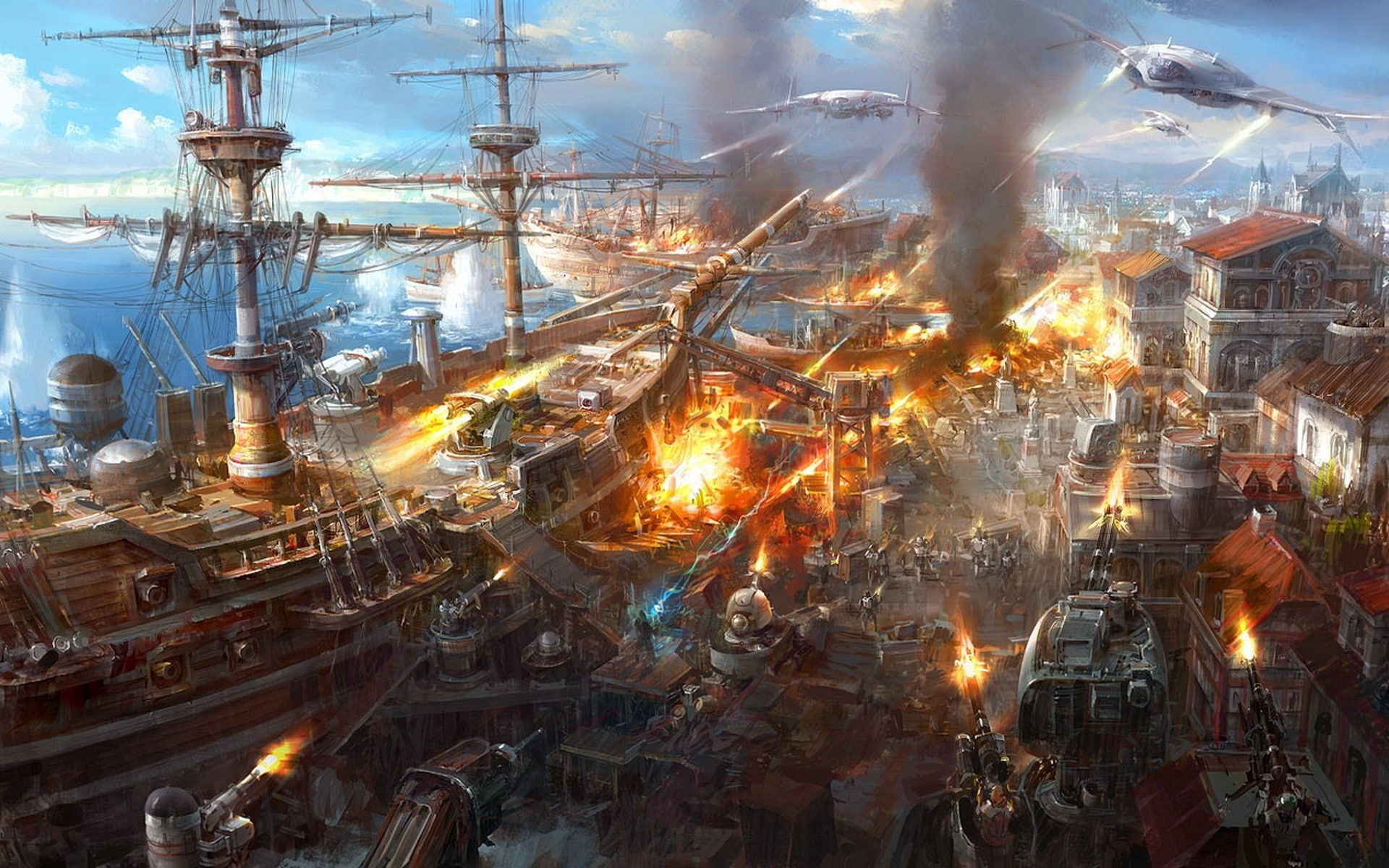 steampunk, war, battleships, 1080P, aircraft, fantasy art, battle, artwork, HD Wallpaper
