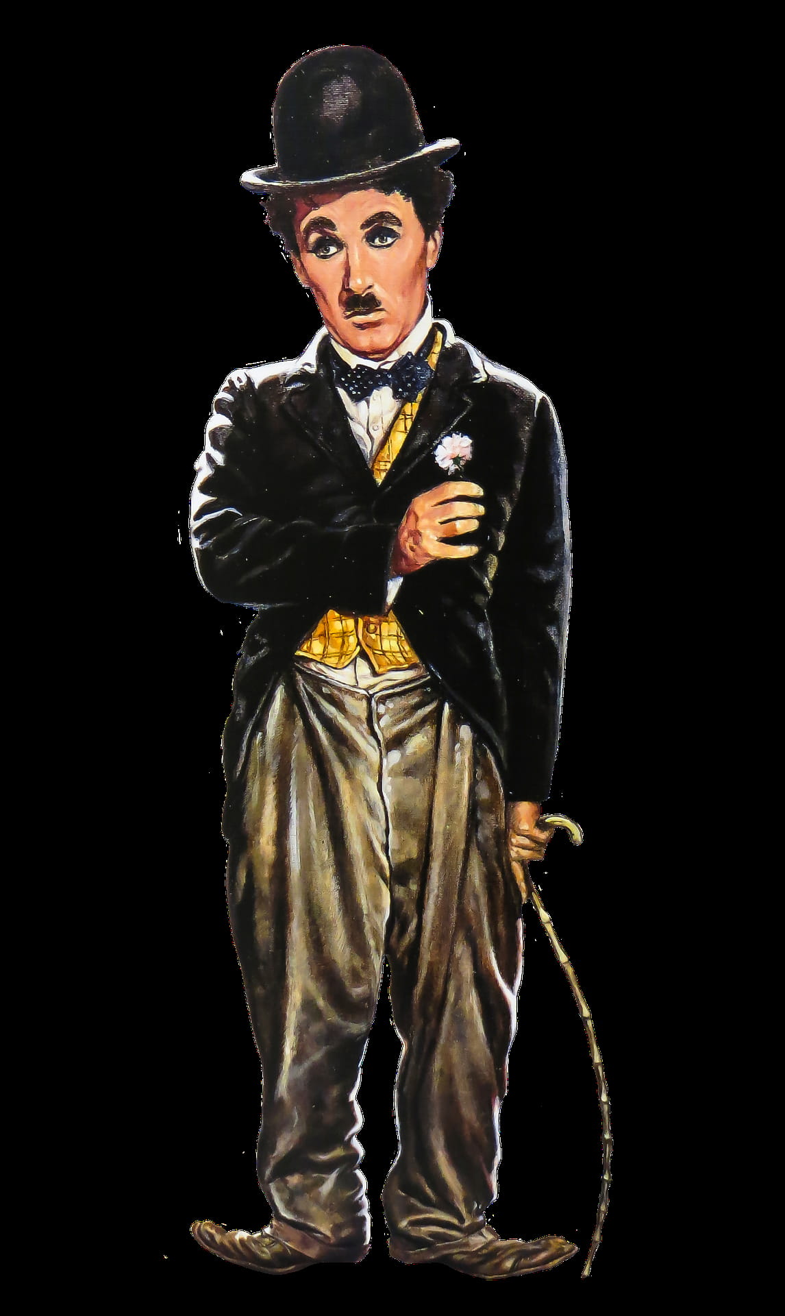 human, charlie, looking at camera, 1080P, studio shot, figure, portrait, black background, one person, young adult, chaplin, indoors, cut out, costume, Phone HD Wallpaper