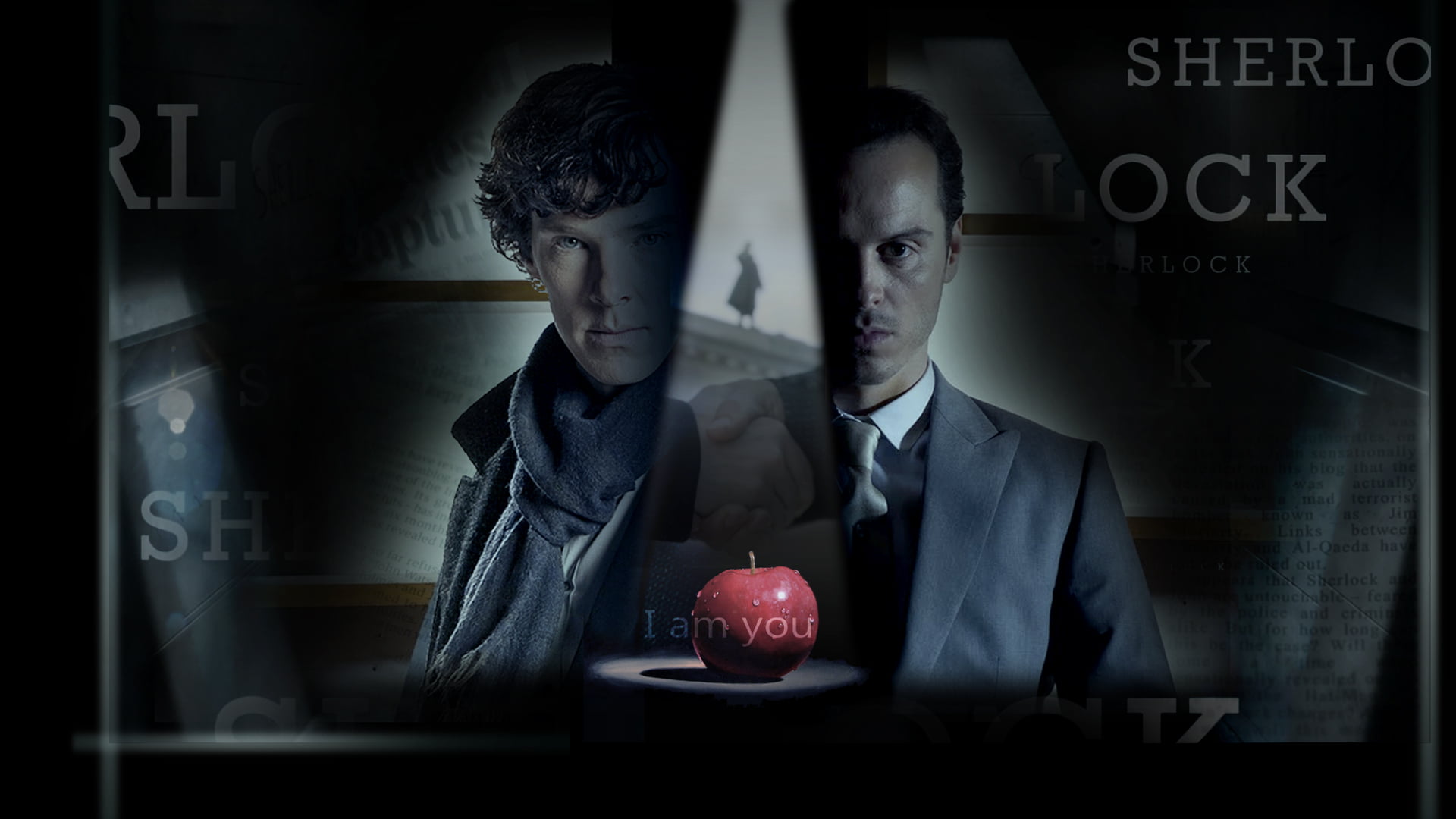 1080P, apple - fruit, technology, business Person, caucasian Ethnicity, dark, two people, Sherlock, waist up, adult, front view, suit, business, food, HD Wallpaper